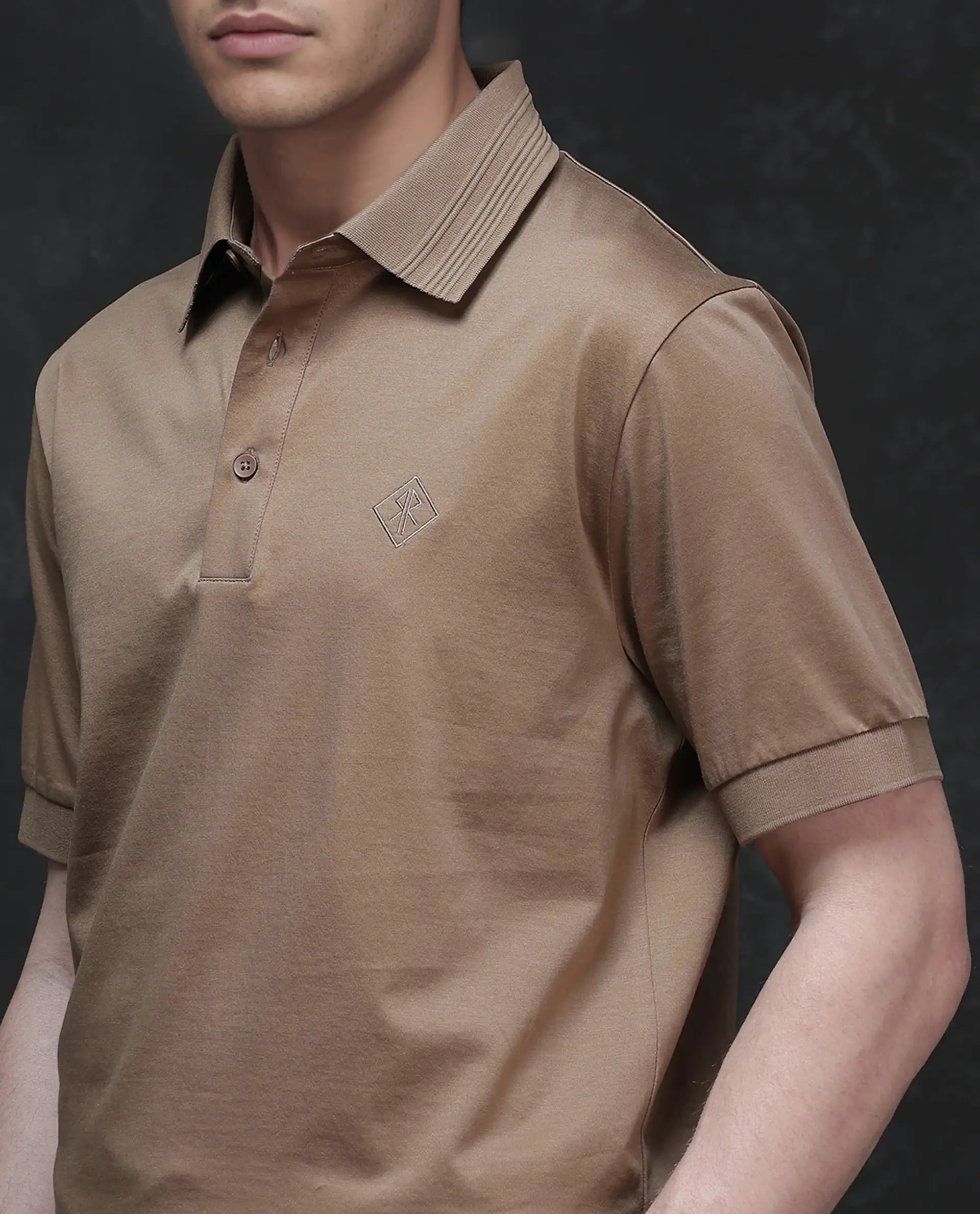 Rare Rabbit Men Ripl Dusky Brown Cotton Fabric Short Sleeve Collared Neck Button Closure Plain Polo