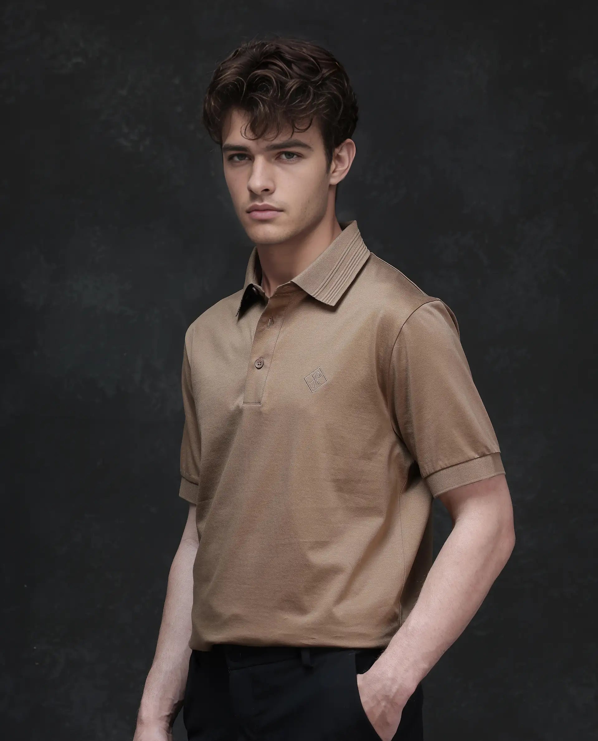 Rare Rabbit Men Ripl Dusky Brown Cotton Fabric Short Sleeve Collared Neck Button Closure Plain Polo