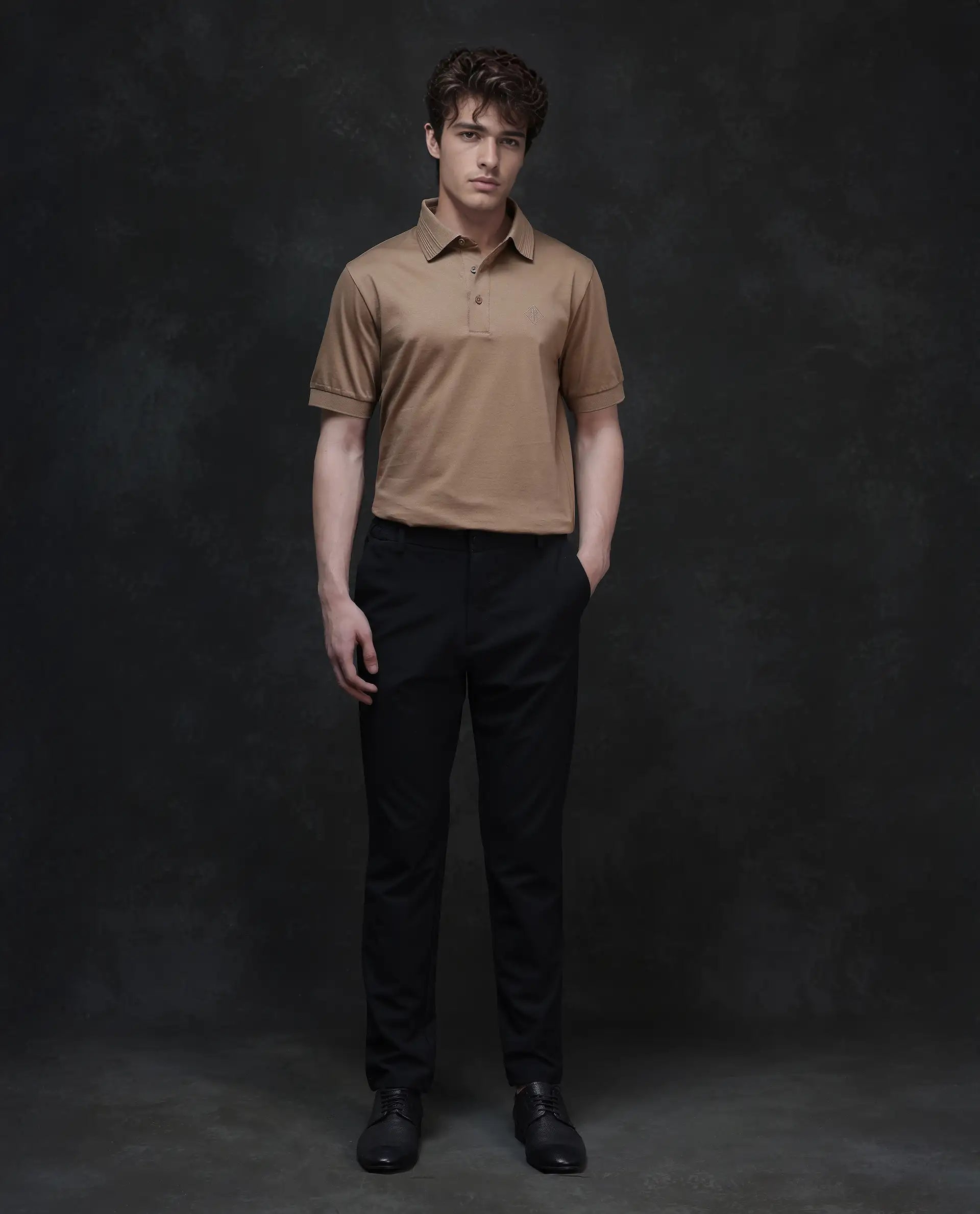 Rare Rabbit Men Ripl Dusky Brown Cotton Fabric Short Sleeve Collared Neck Button Closure Plain Polo