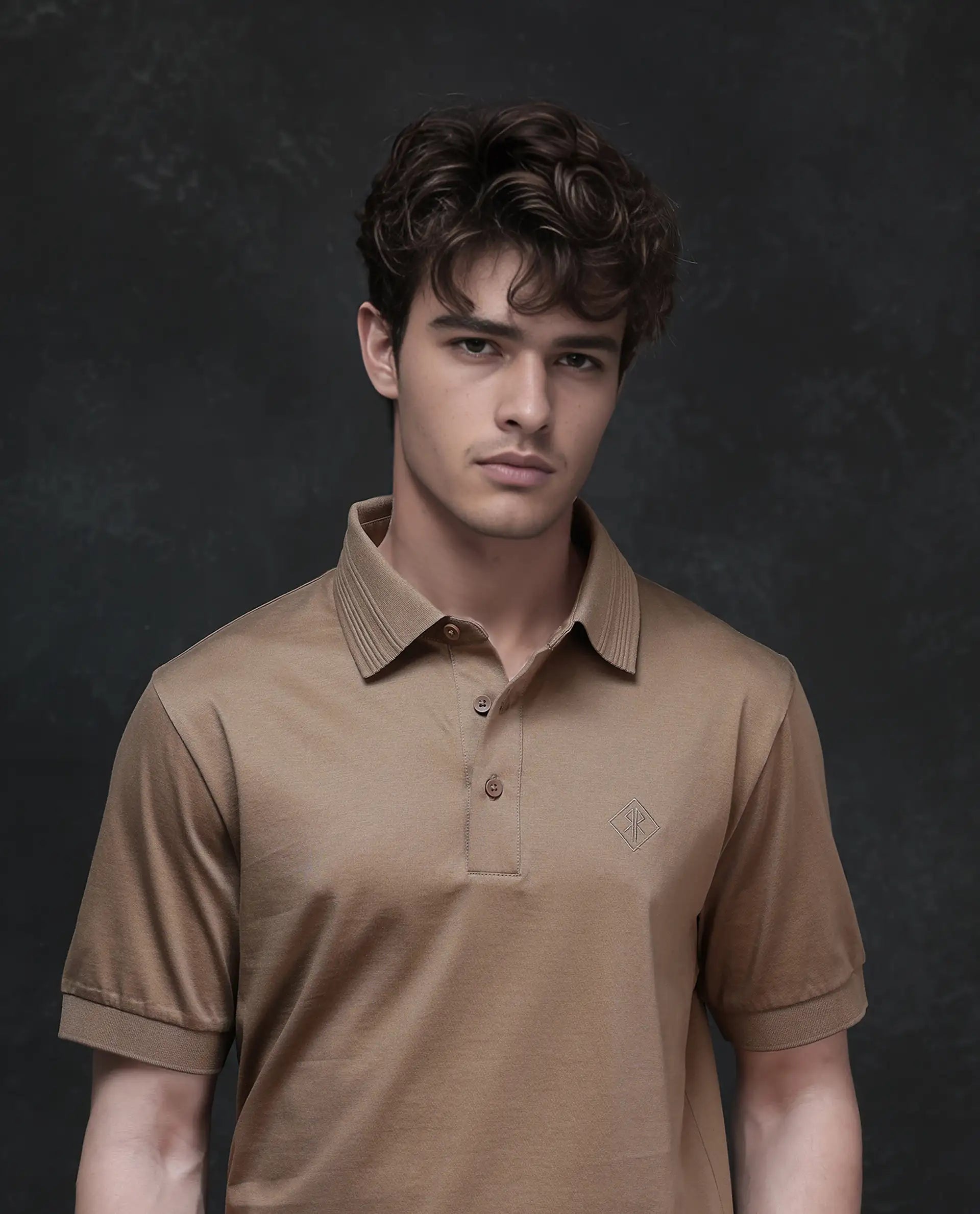 Rare Rabbit Men Ripl Dusky Brown Cotton Fabric Short Sleeve Collared Neck Button Closure Plain Polo