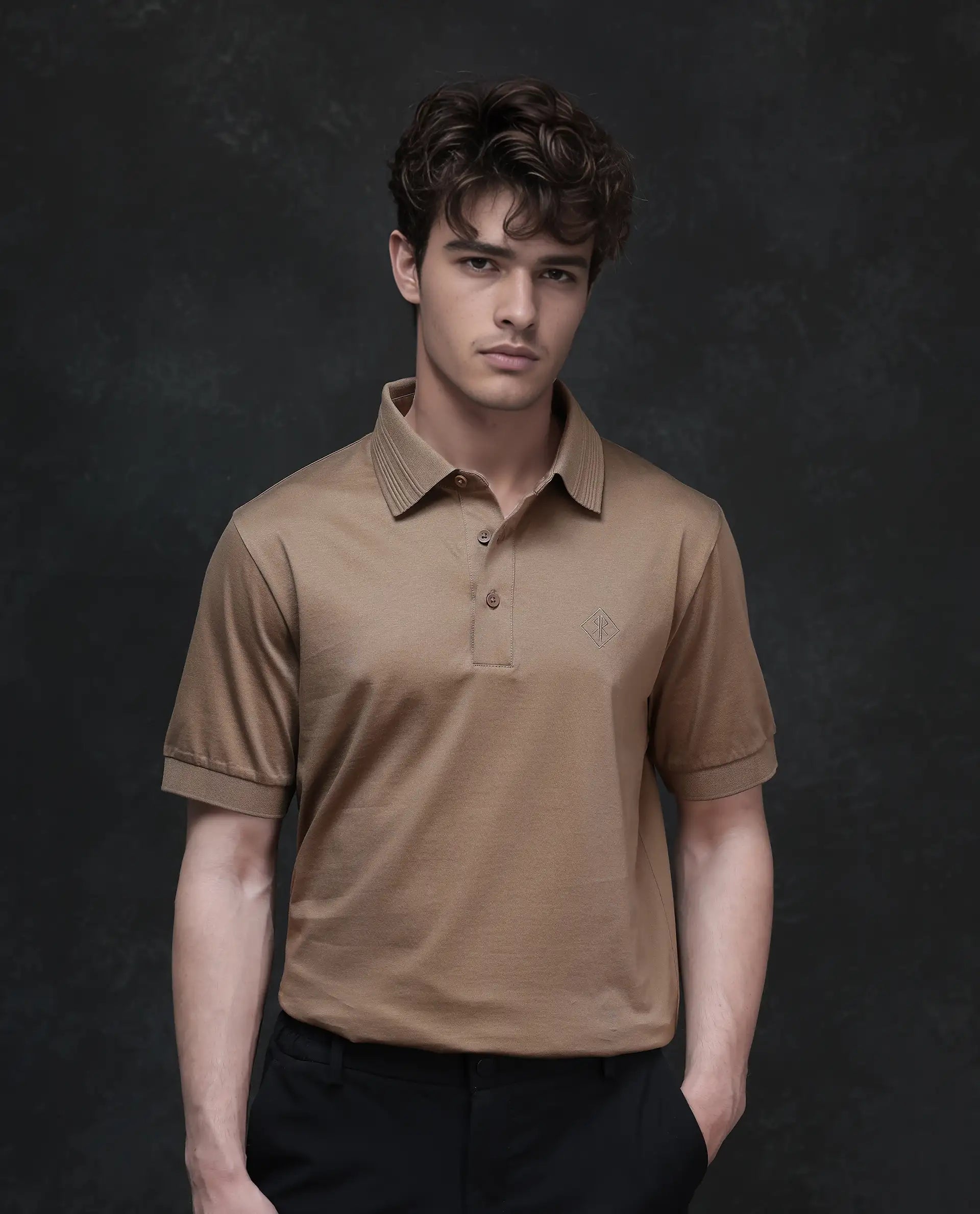 Rare Rabbit Men Ripl Dusky Brown Cotton Fabric Short Sleeve Collared Neck Button Closure Plain Polo
