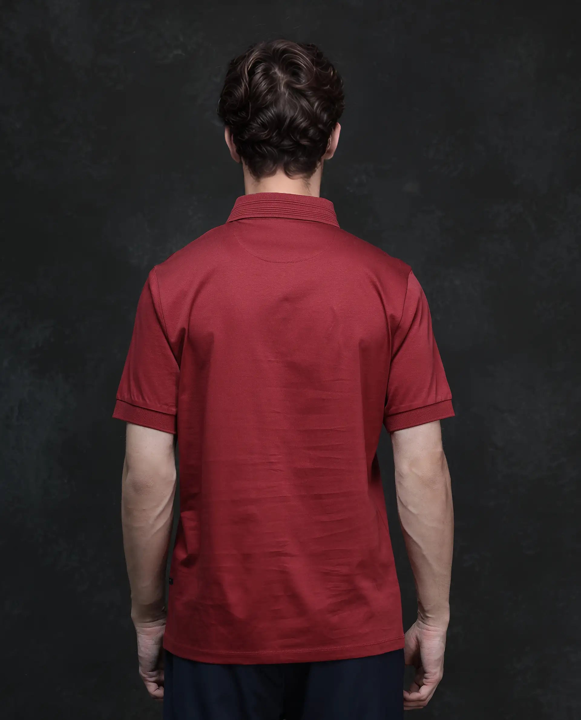 Rare Rabbit Men Ripl Red Cotton Fabric Short Sleeve Collared Neck Button Closure Plain Polo