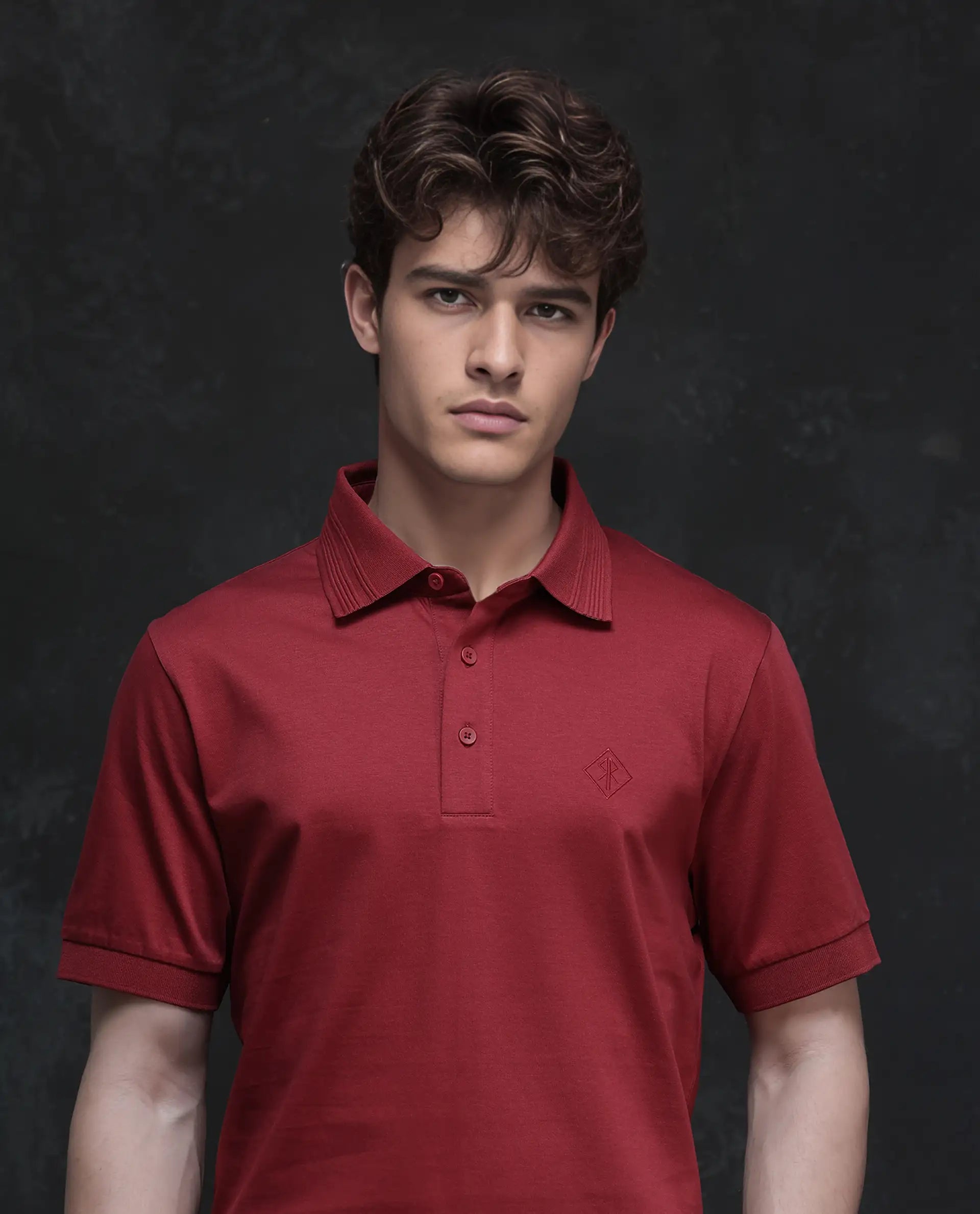Rare Rabbit Men Ripl Red Cotton Fabric Short Sleeve Collared Neck Button Closure Plain Polo
