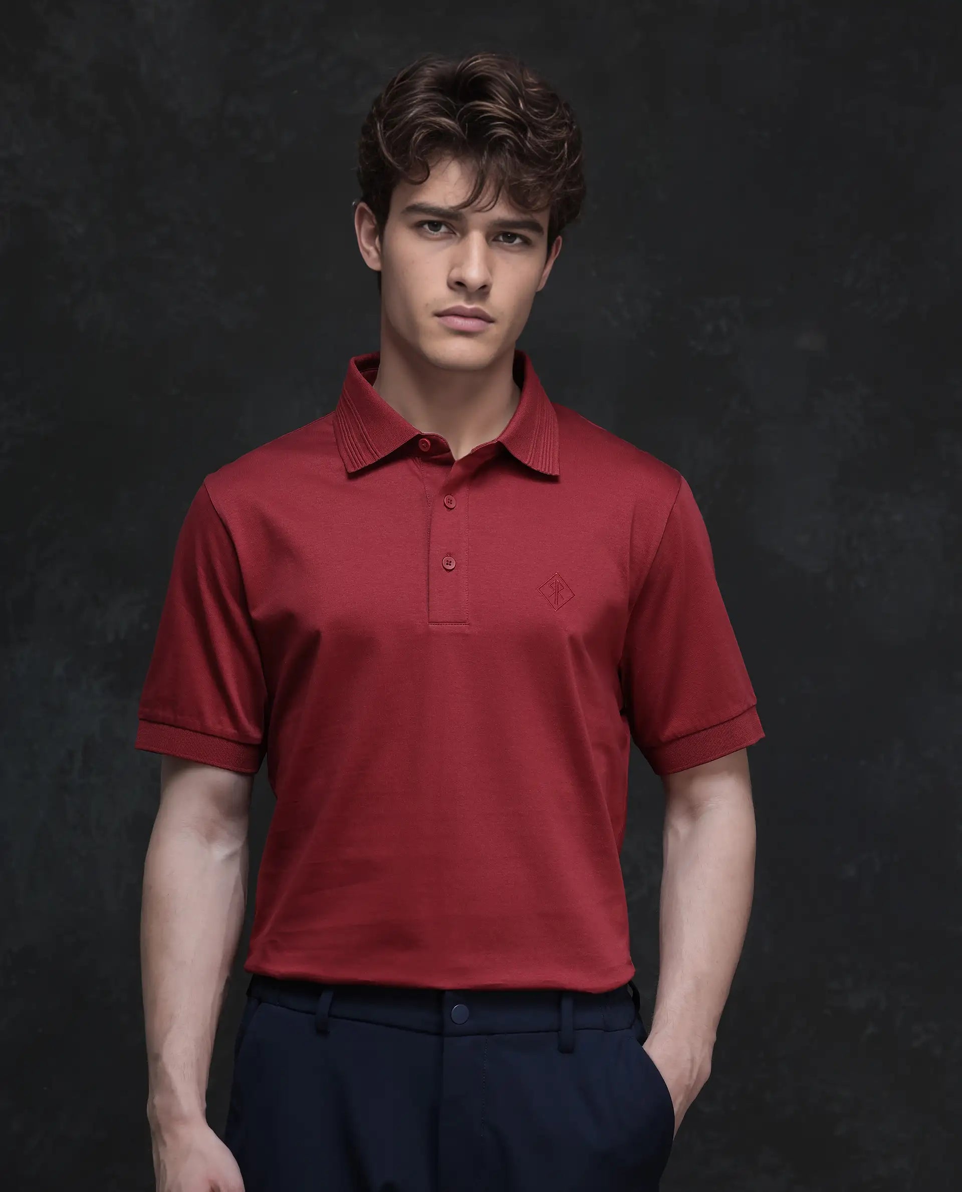 Rare Rabbit Men Ripl Red Cotton Fabric Short Sleeve Collared Neck Button Closure Plain Polo