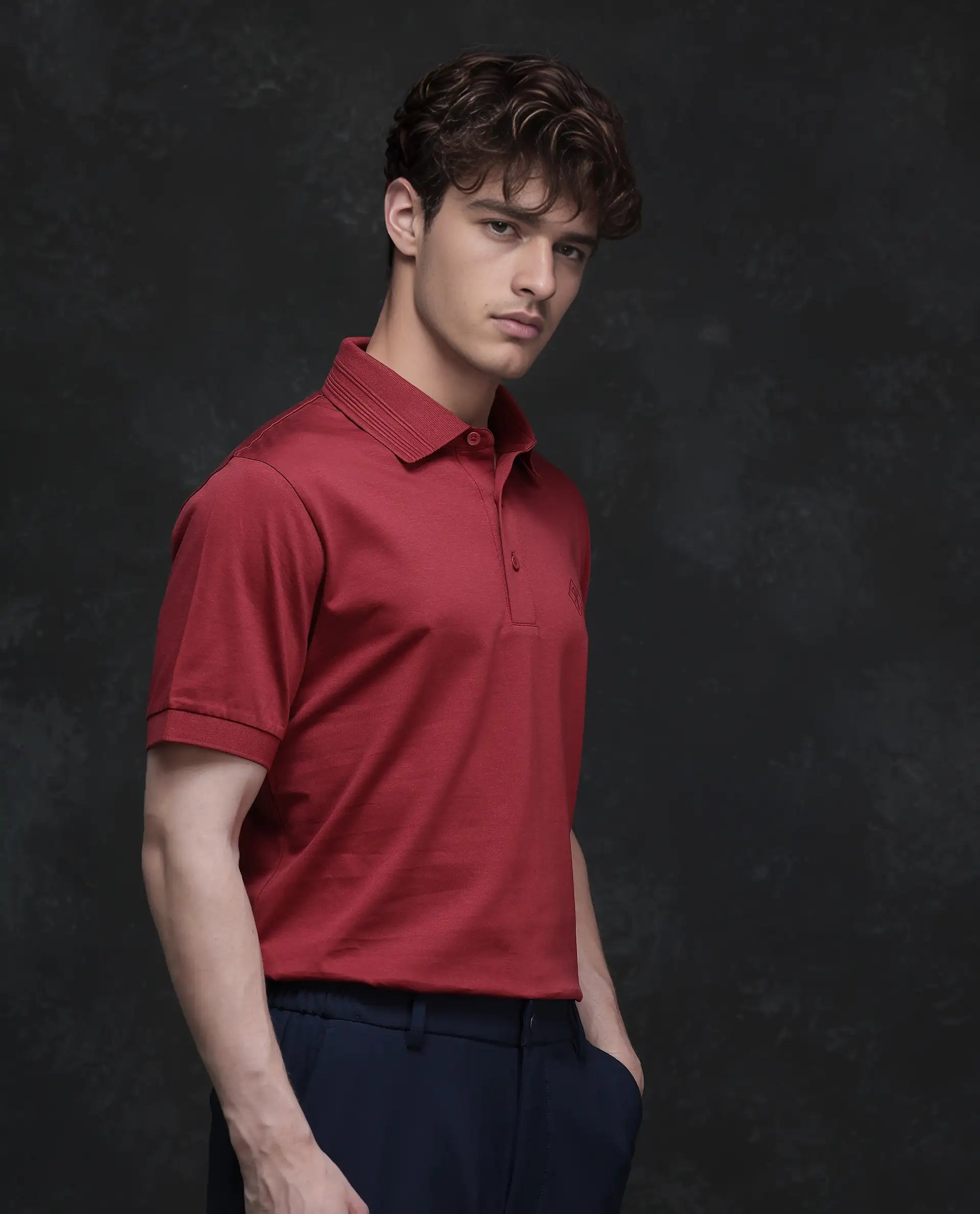 Rare Rabbit Men Ripl Red Cotton Fabric Short Sleeve Collared Neck Button Closure Plain Polo