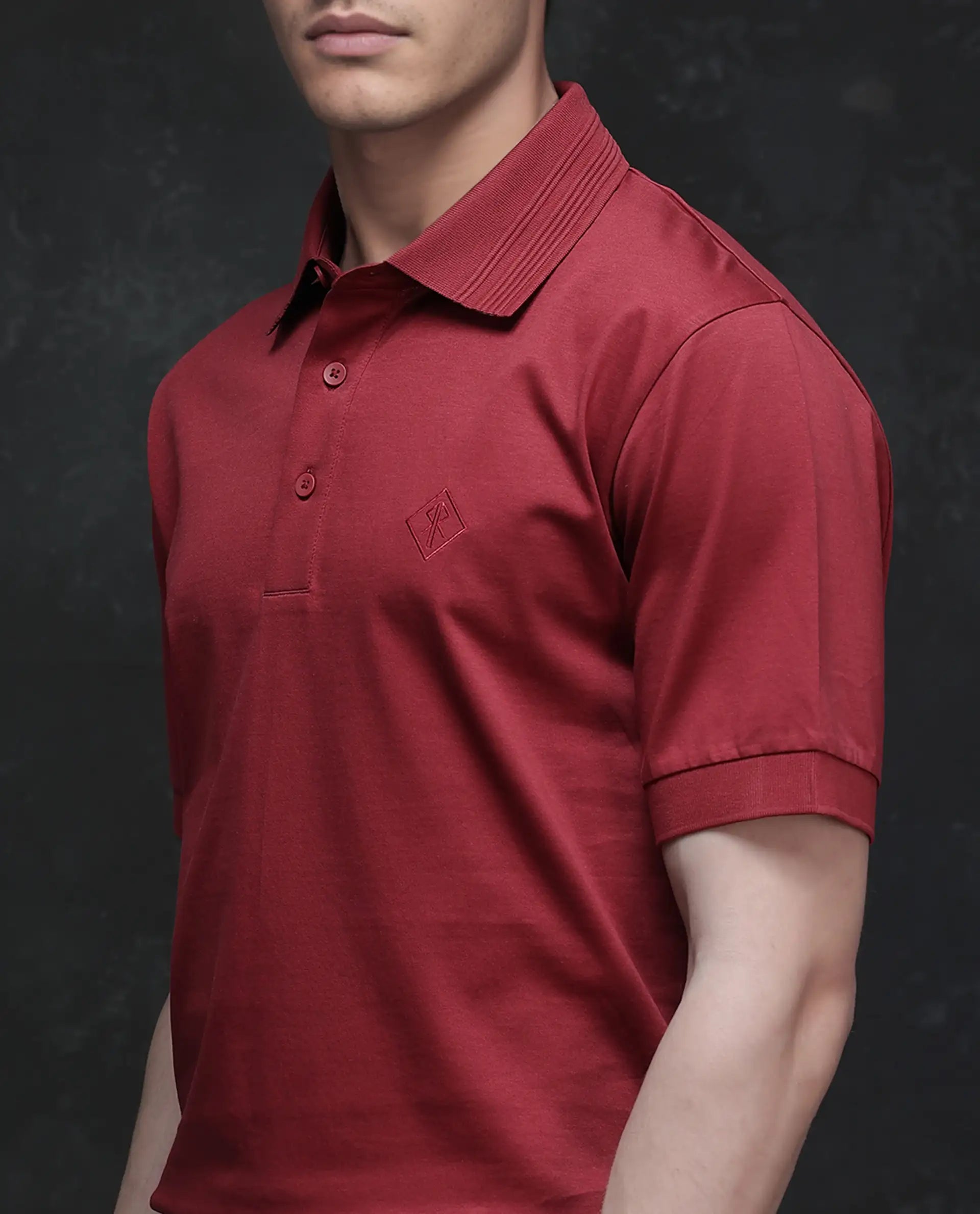 Rare Rabbit Men Ripl Red Cotton Fabric Short Sleeve Collared Neck Button Closure Plain Polo