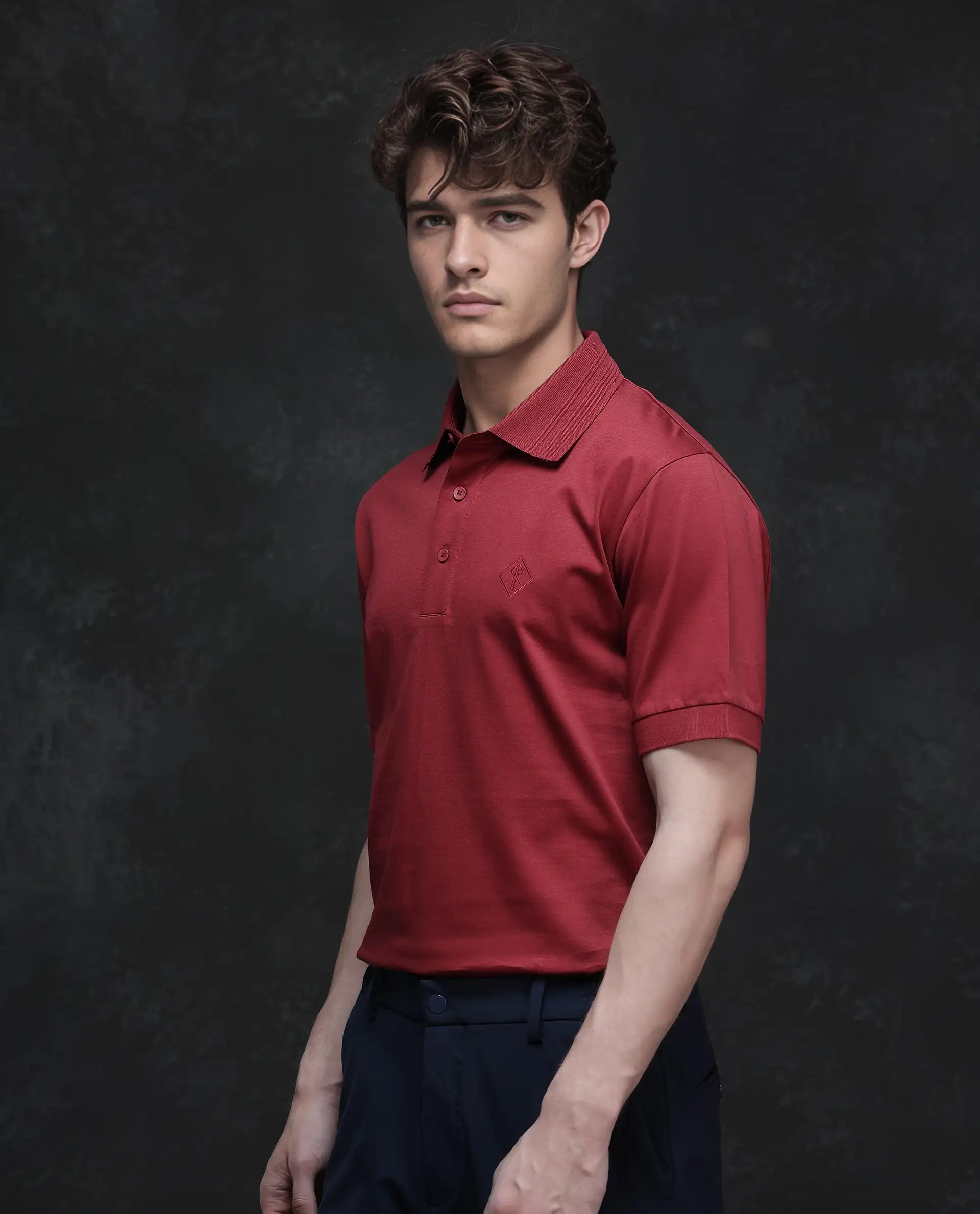 Rare Rabbit Men Ripl Red Cotton Fabric Short Sleeve Collared Neck Button Closure Plain Polo