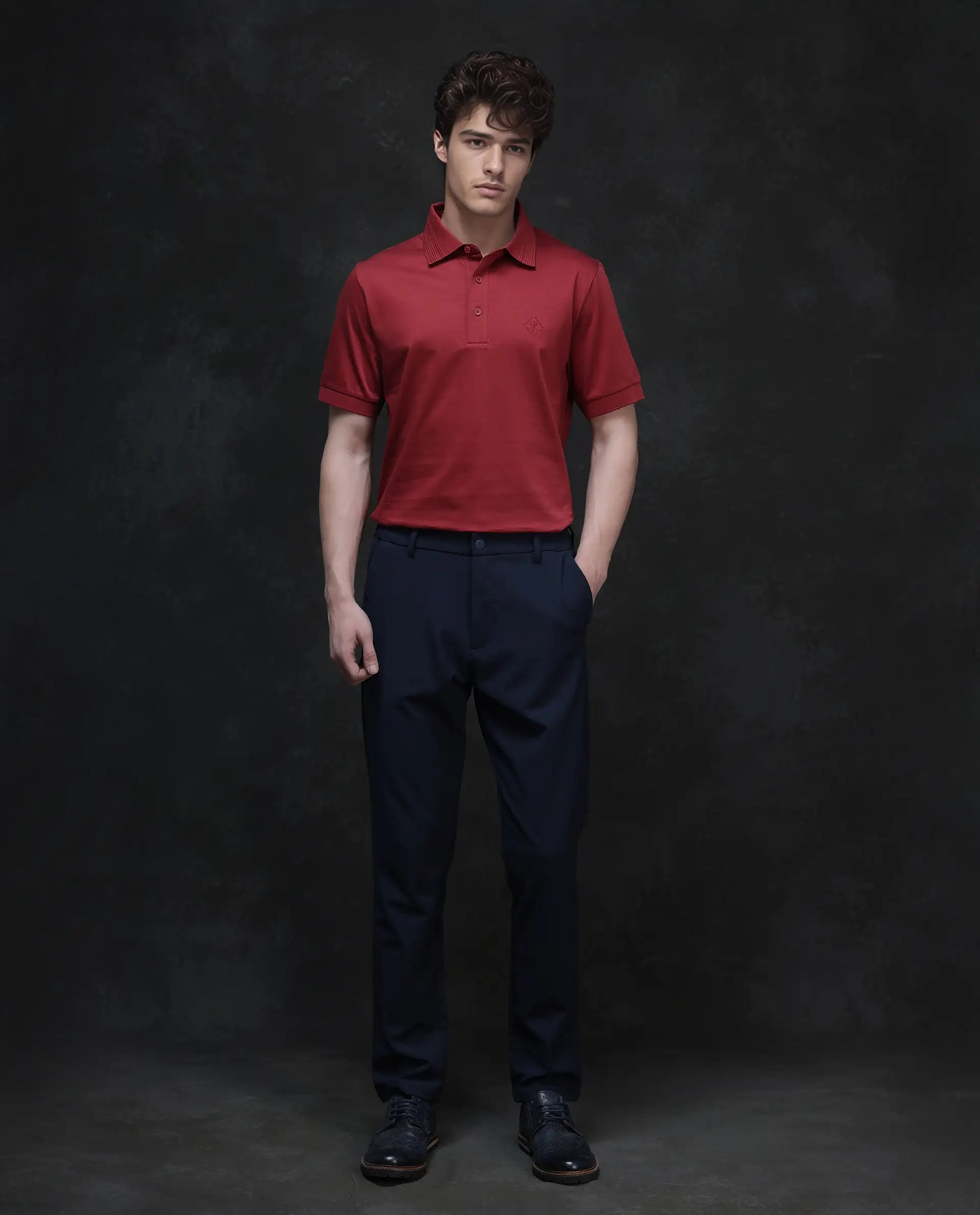 Rare Rabbit Men Ripl Red Cotton Fabric Short Sleeve Collared Neck Button Closure Plain Polo
