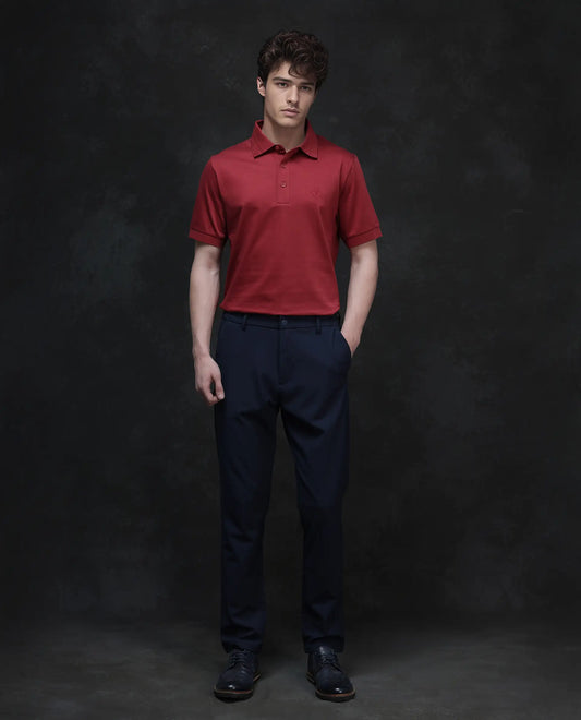 Rare Rabbit Men Ripl Red Cotton Fabric Short Sleeve Collared Neck Button Closure Plain Polo