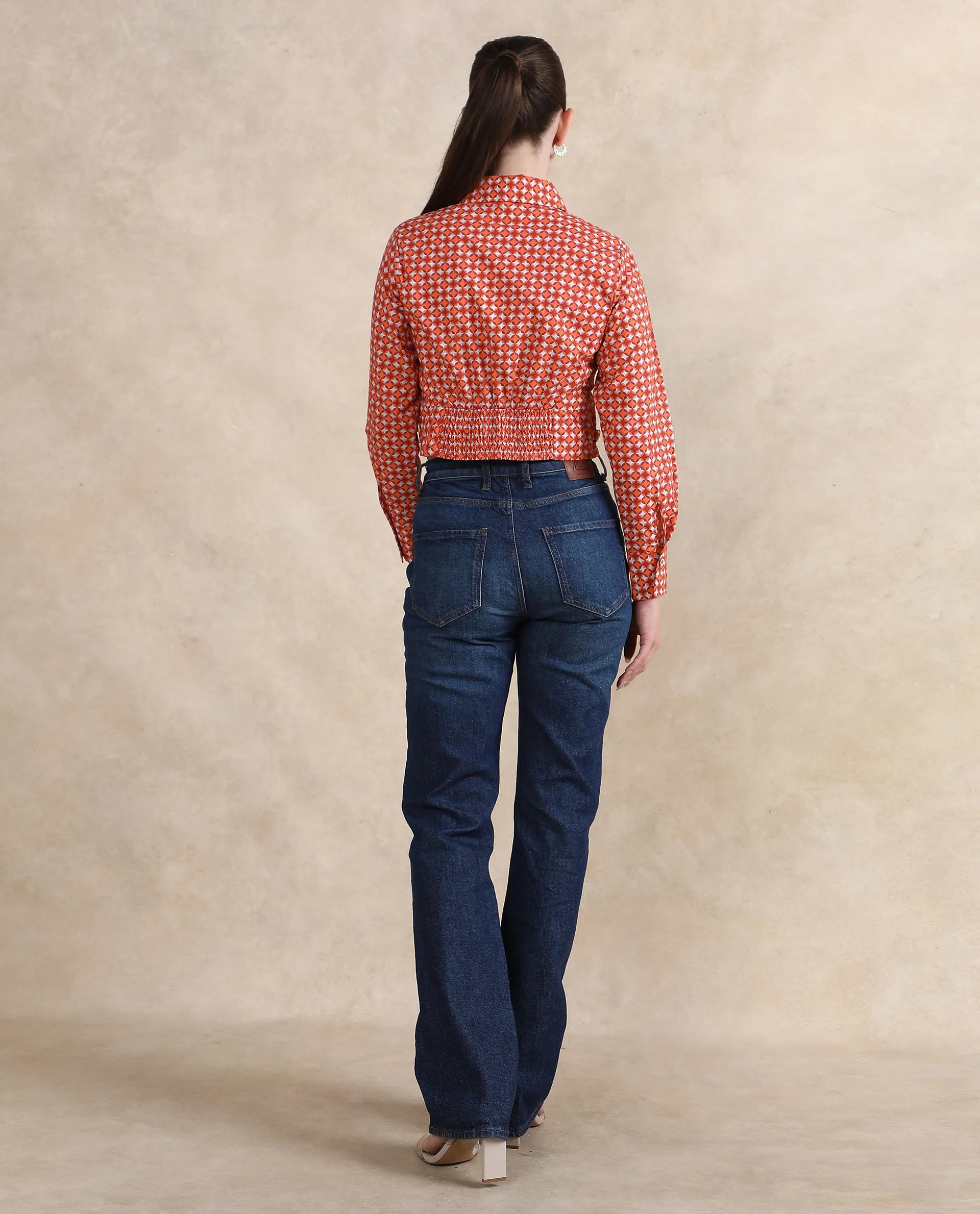 Rareism Women Rister Multi Cuffed Sleeve Collared Neck Cropped Geometric Print Top