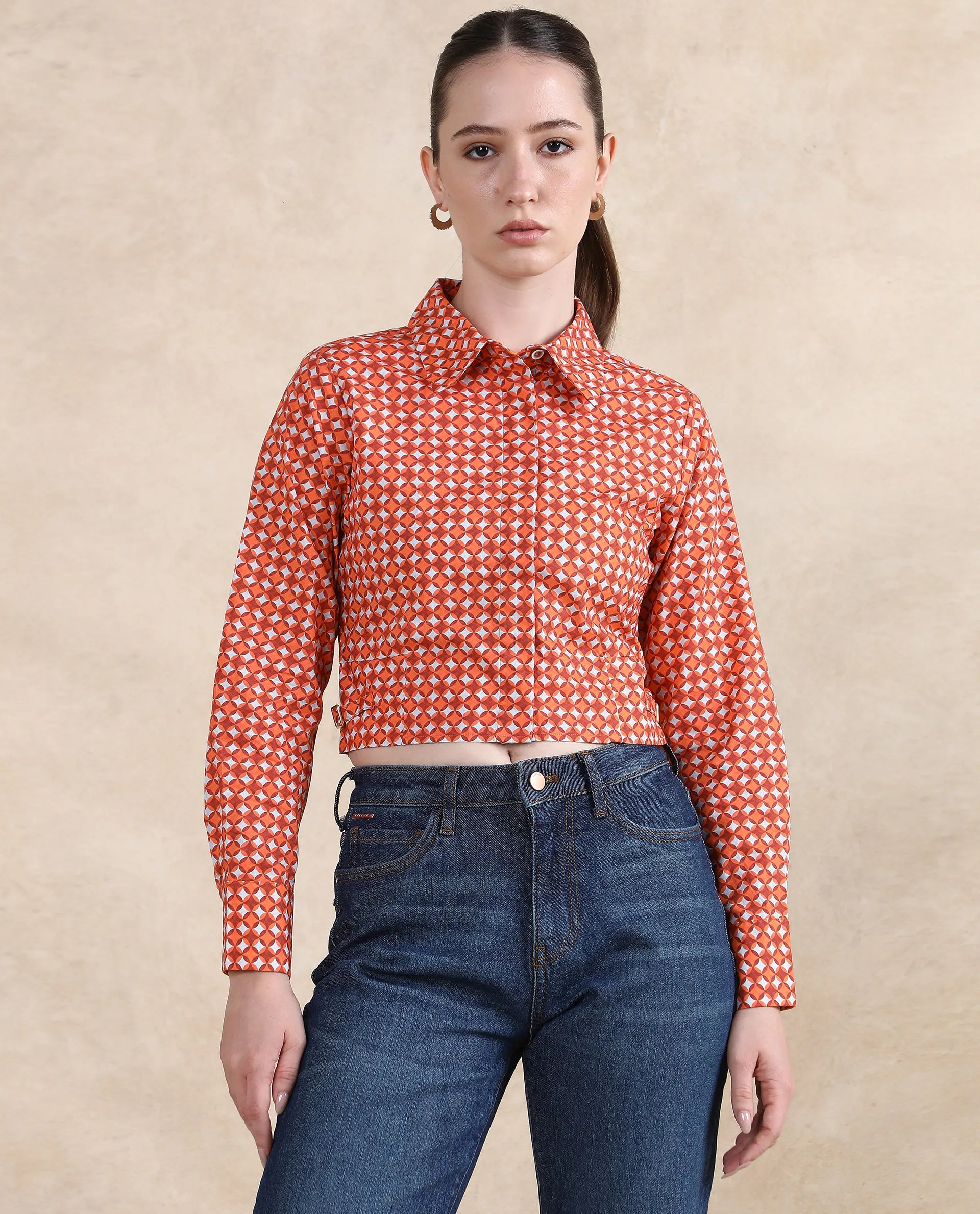 Rareism Women Rister Multi Cuffed Sleeve Collared Neck Cropped Geometric Print Top