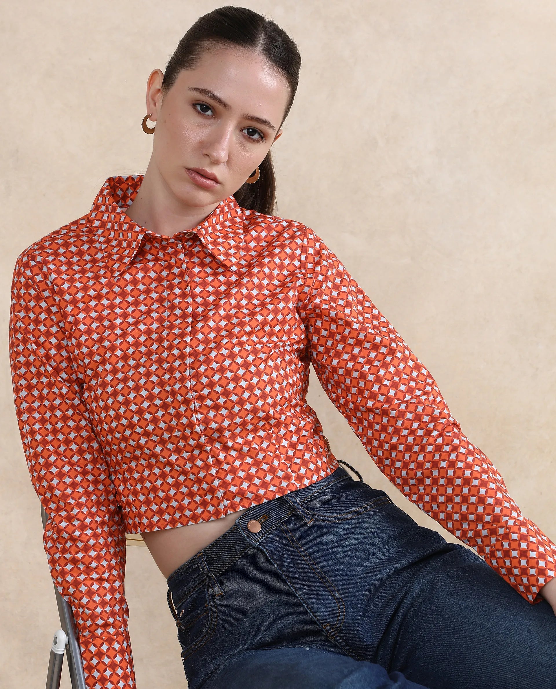 Rareism Women Rister Multi Cuffed Sleeve Collared Neck Cropped Geometric Print Top