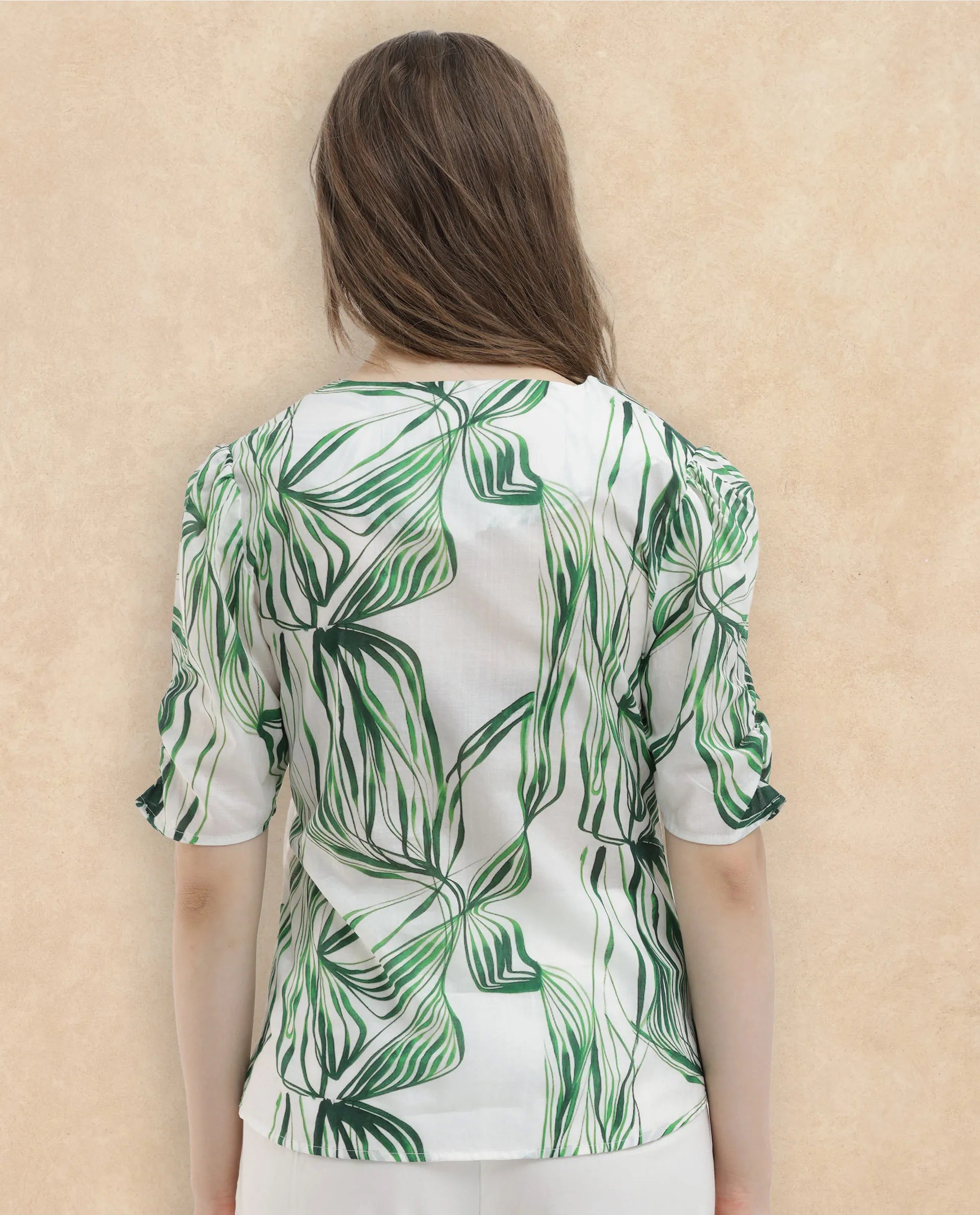 Rareism Women Riter Green Cotton Fabric Short Sleeves V-Neck Puff Sleeve Regular Fit Abstract Print Top