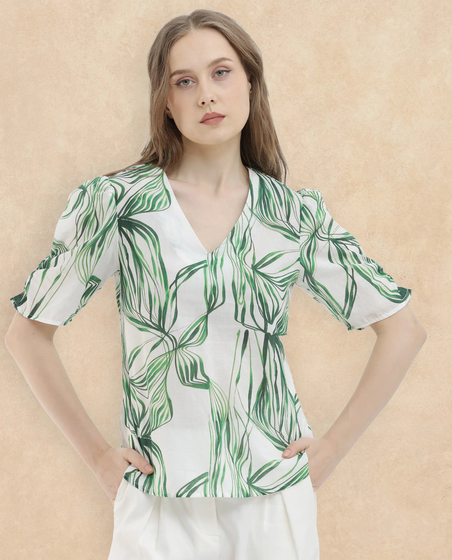 Rareism Women Riter Green Cotton Fabric Short Sleeves V-Neck Puff Sleeve Regular Fit Abstract Print Top