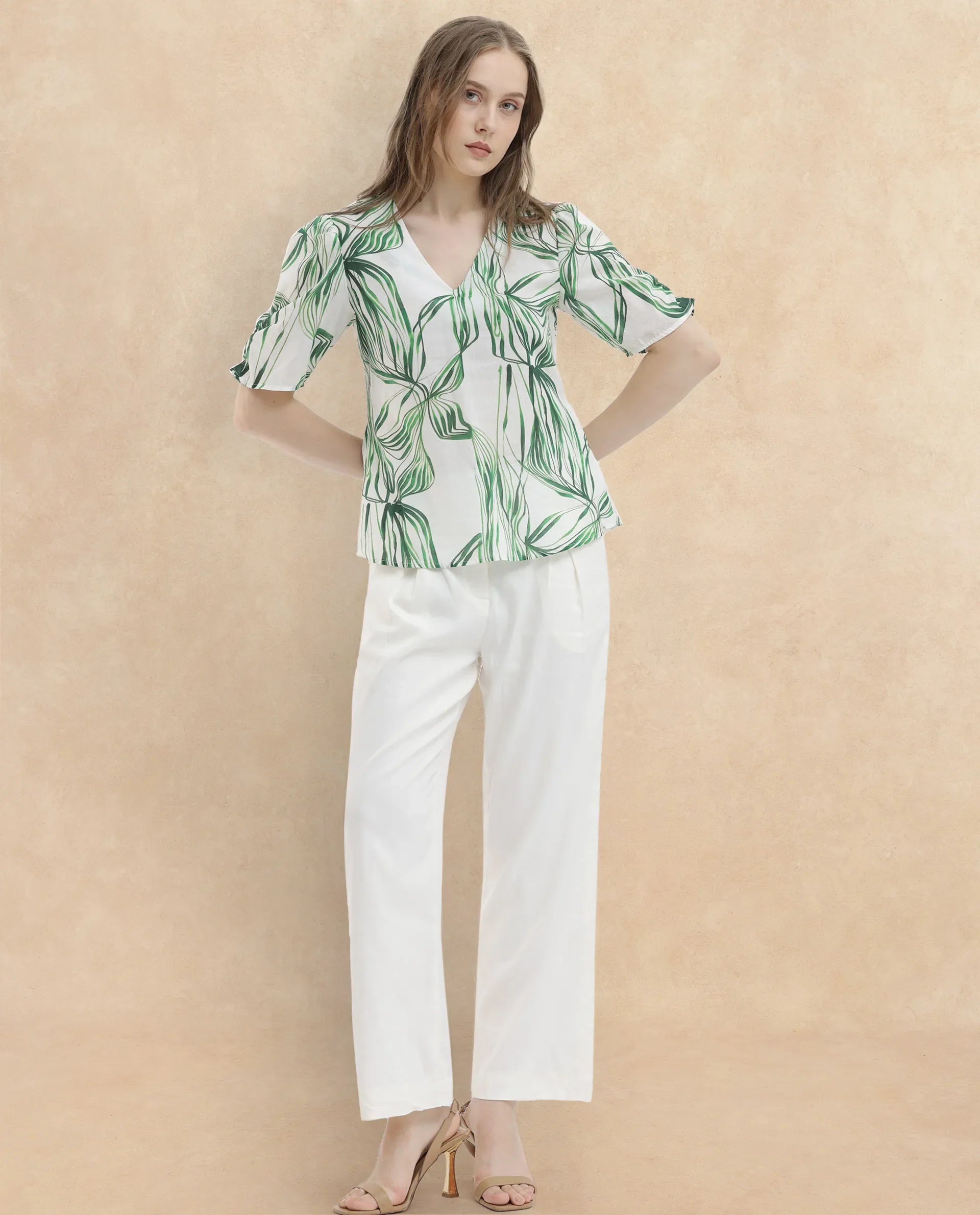 Rareism Women Riter Green Cotton Fabric Short Sleeves V-Neck Puff Sleeve Regular Fit Abstract Print Top