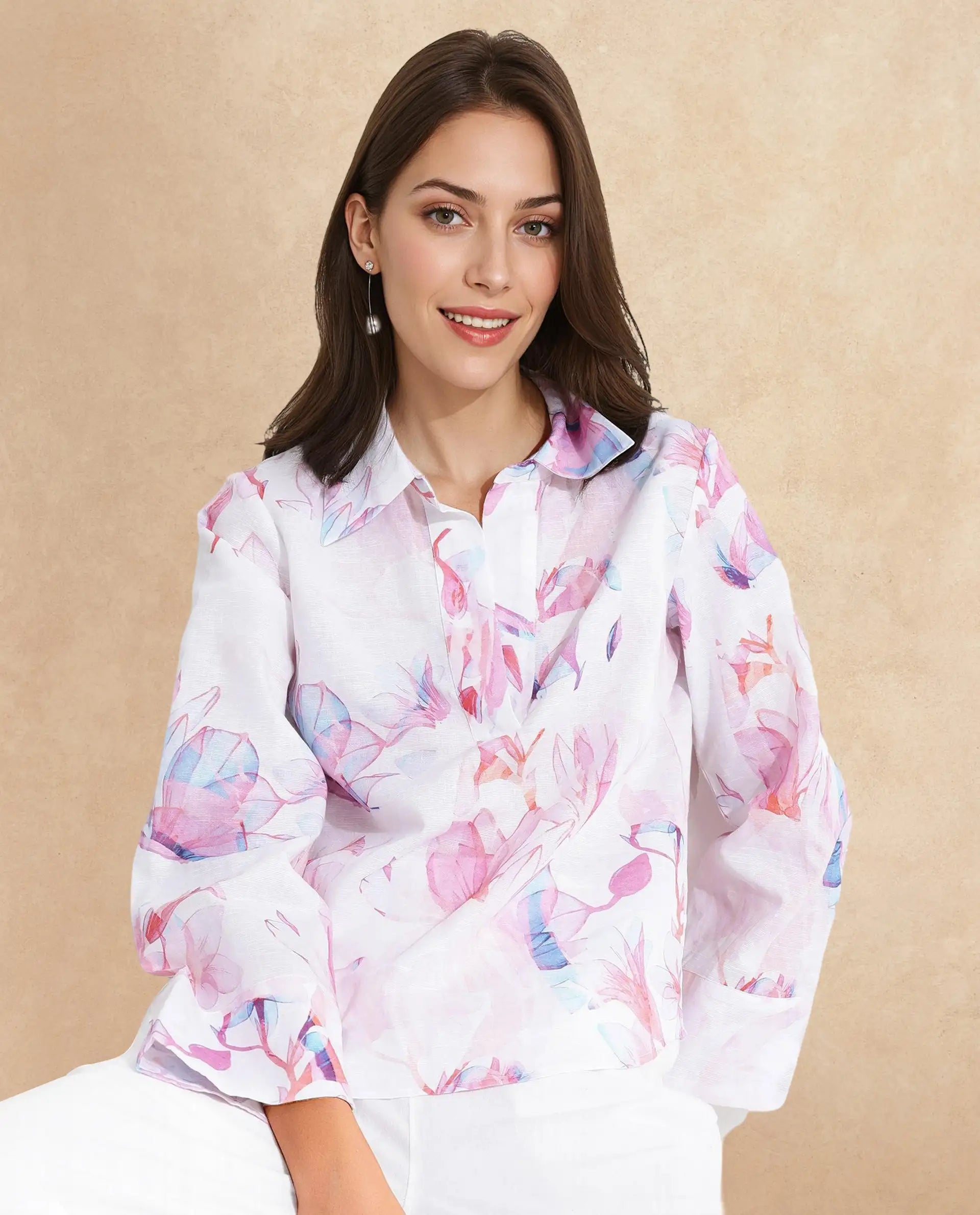 Rareism Women Rofianie Light Multi Bell Sleeves Collared Collar Abstract Print Top