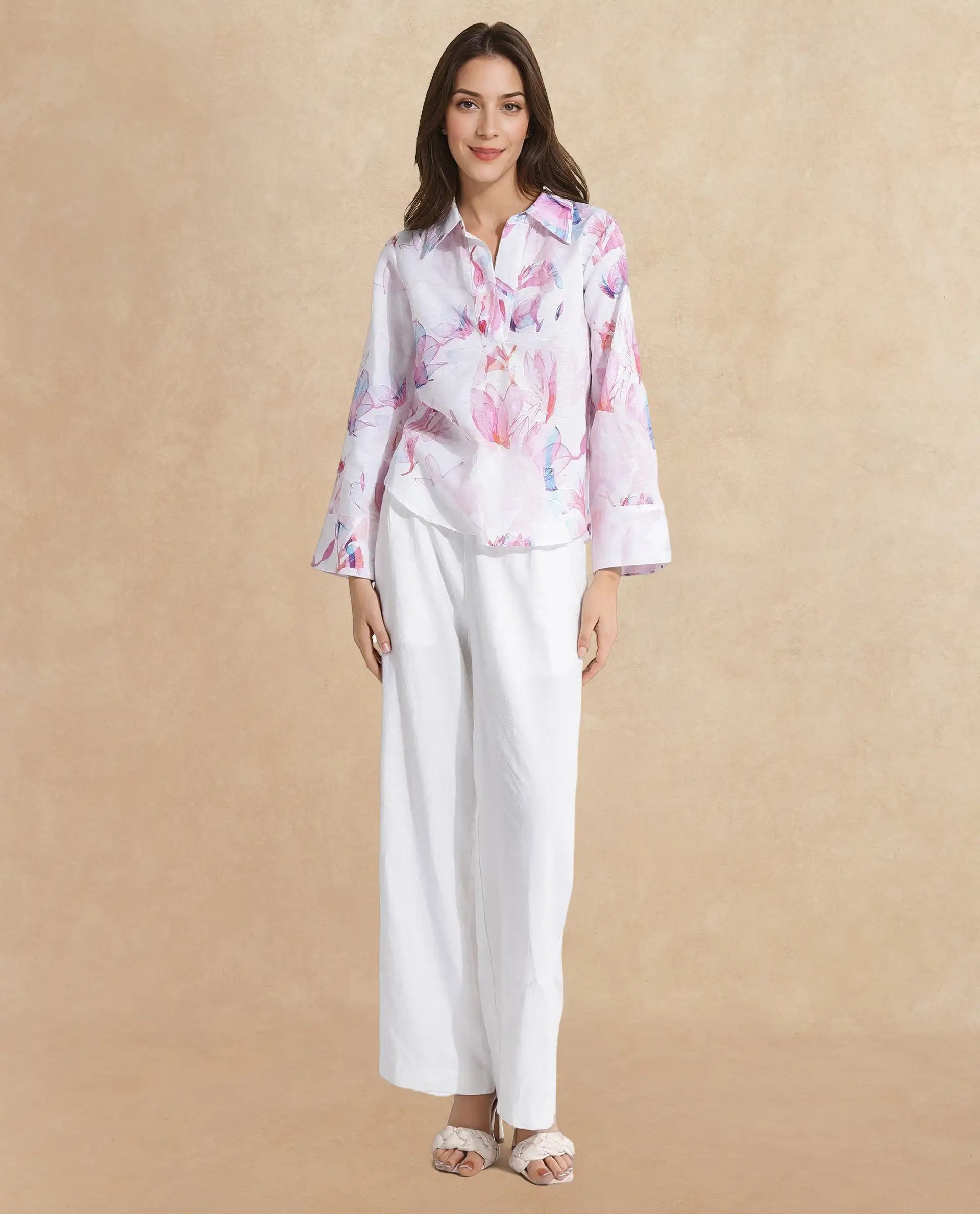 Rareism Women Rofianie Light Multi Bell Sleeves Collared Collar Abstract Print Top