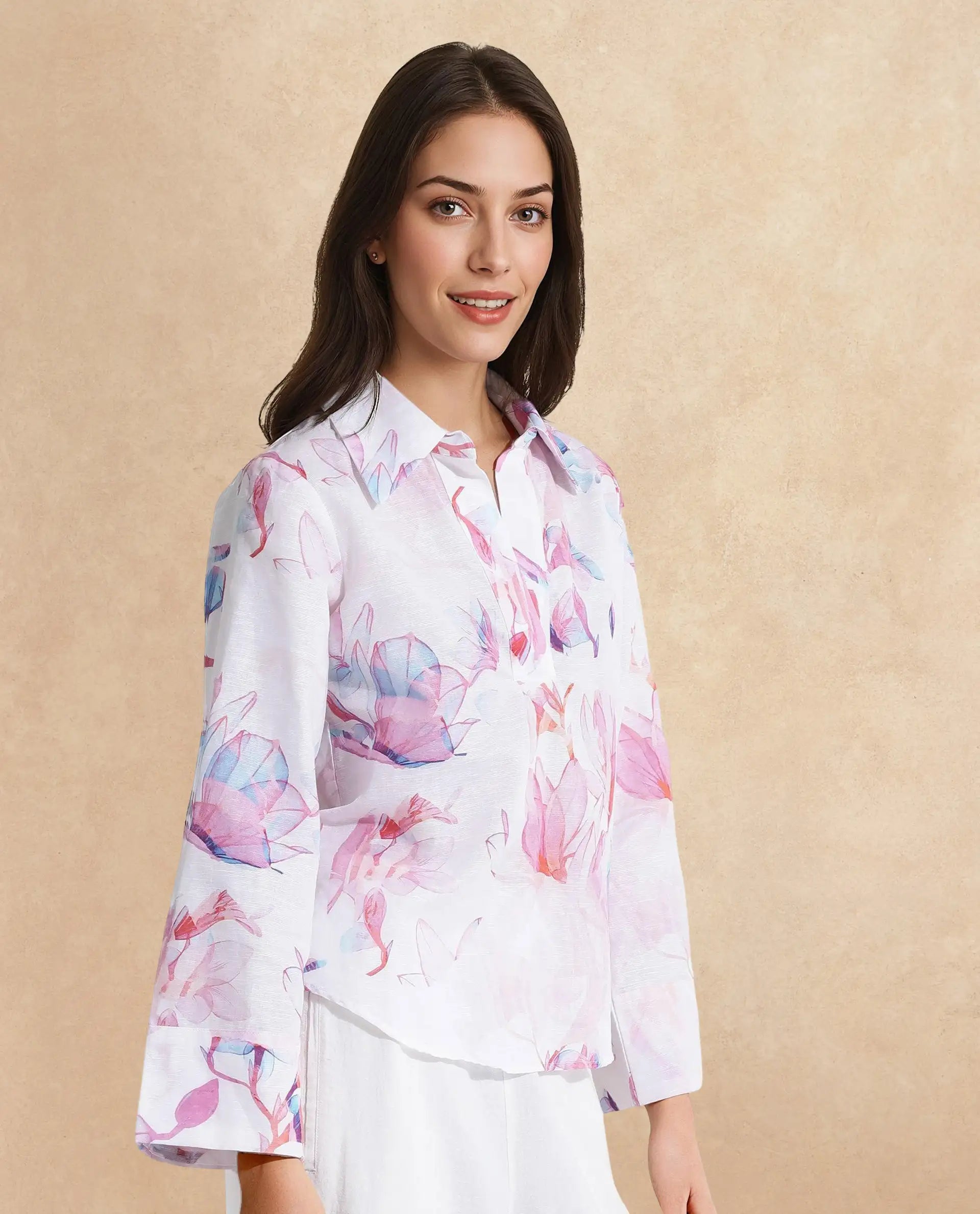 Rareism Women Rofianie Light Multi Bell Sleeves Collared Collar Abstract Print Top