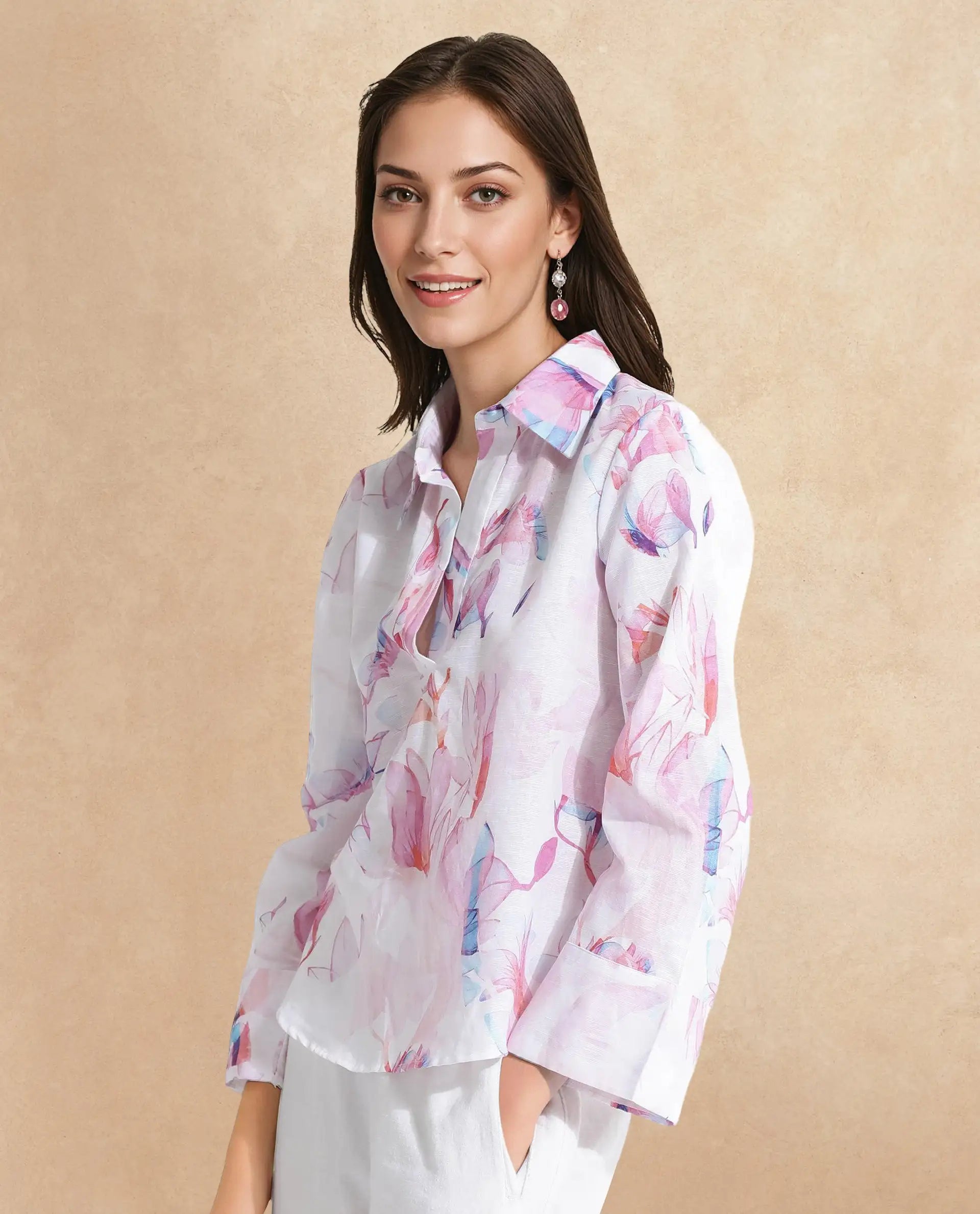 Rareism Women Rofianie Light Multi Bell Sleeves Collared Collar Abstract Print Top