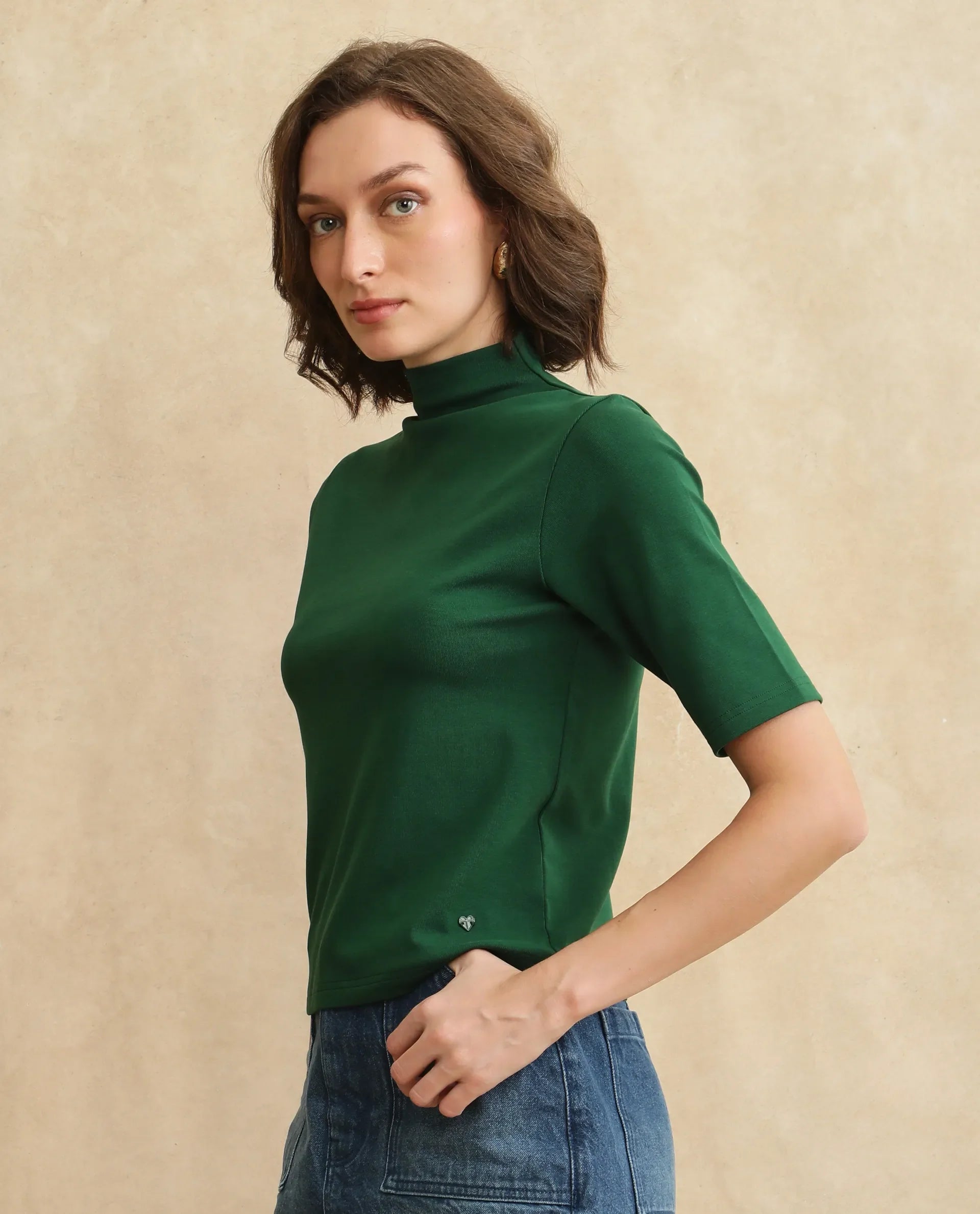Rareism Women Rohdrio Dark Green Knitted Plain Top