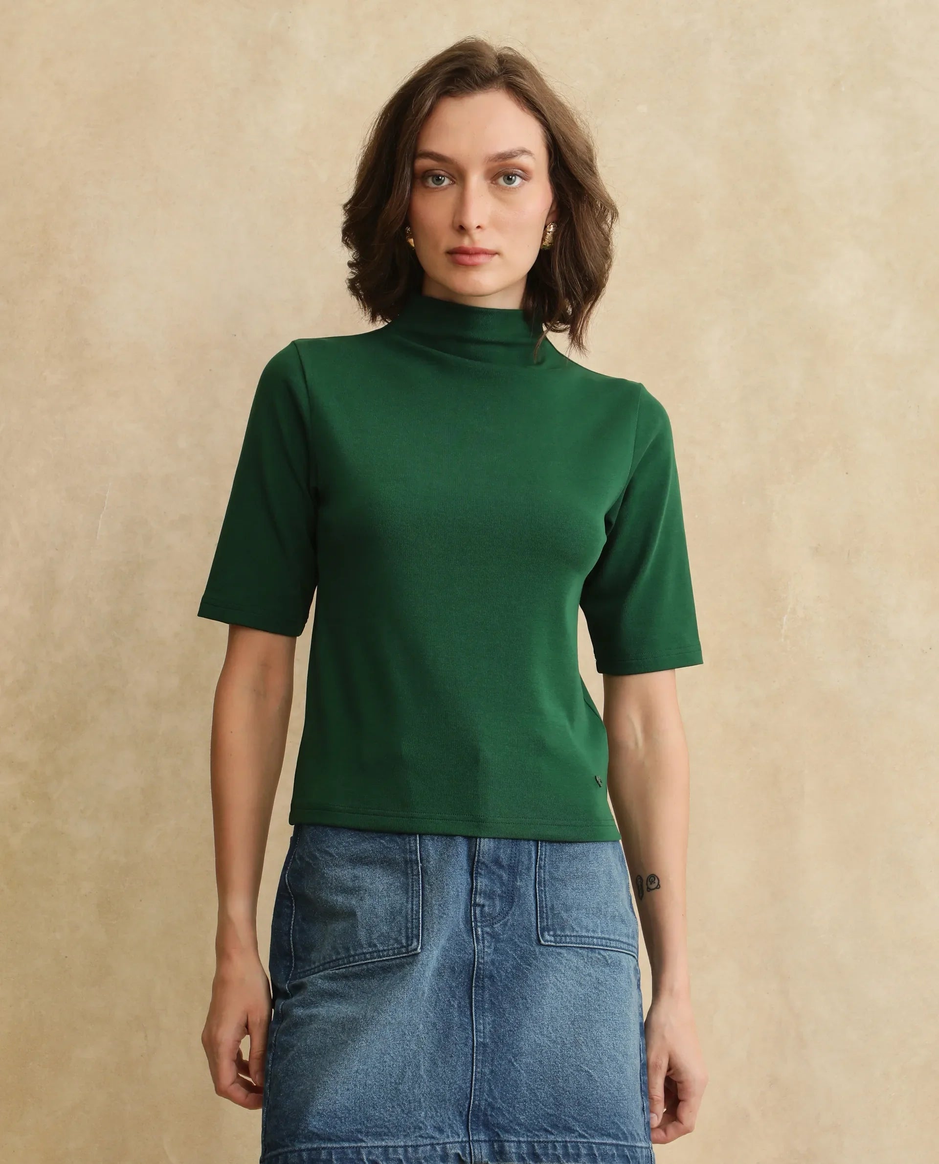 Rareism Women Rohdrio Dark Green Knitted Plain Top