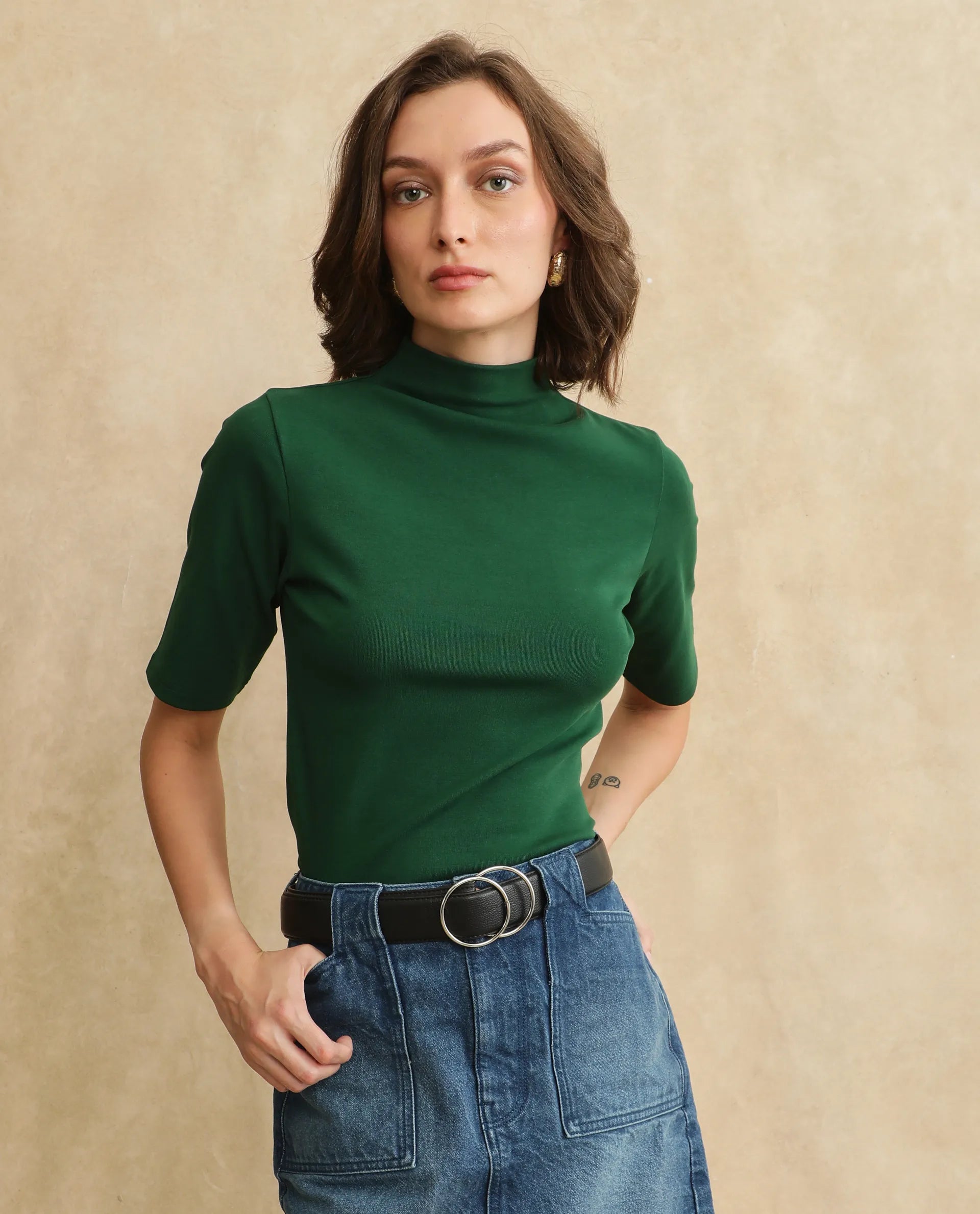 Rareism Women Rohdrio Dark Green Knitted Plain Top