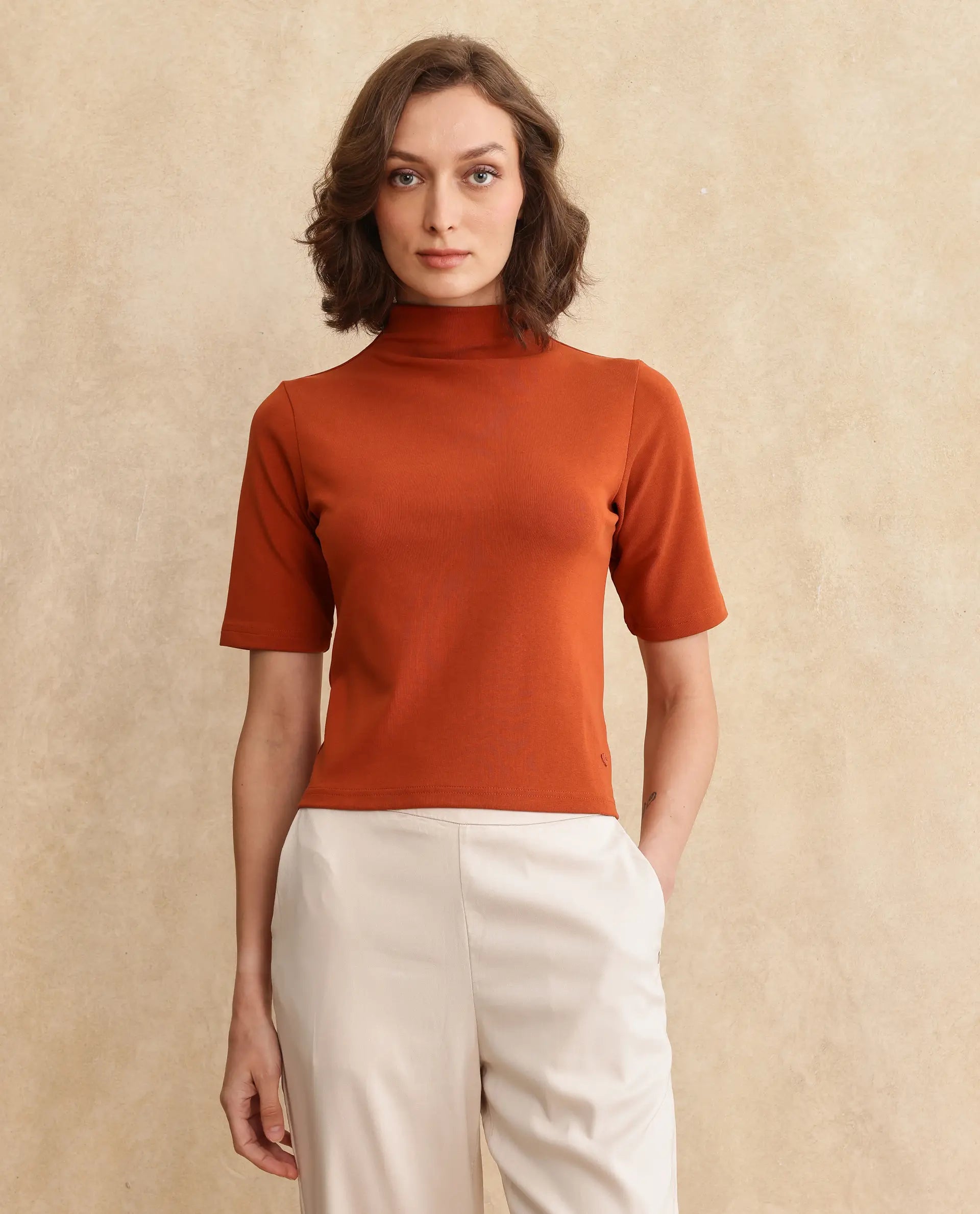Rareism Women Rohdrio Rust Knitted Plain Top