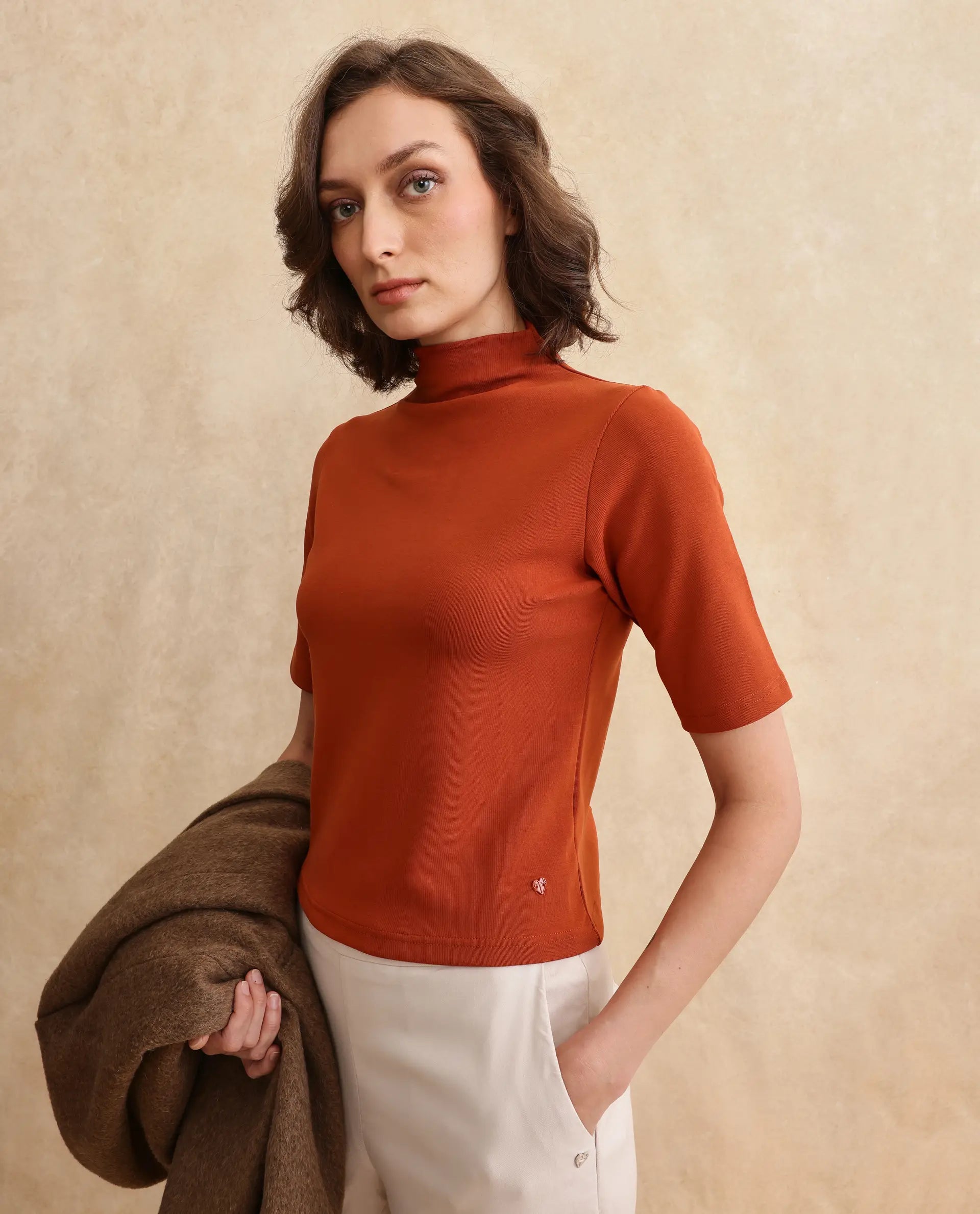 Rareism Women Rohdrio Rust Knitted Plain Top