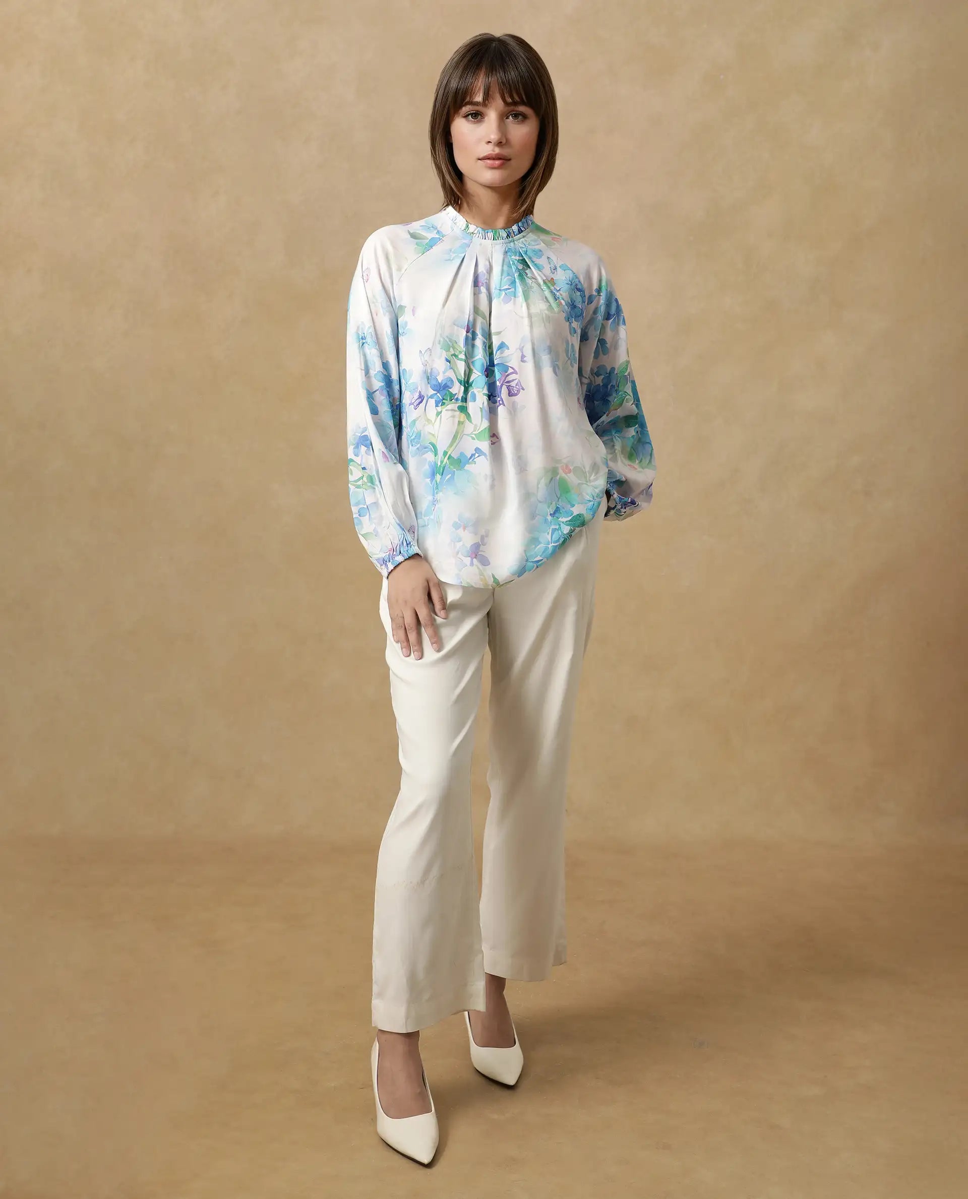 Rareism Women Rome Light Blue Raglan Sleeves Round Neck Tie Up Closure Floral Print Top