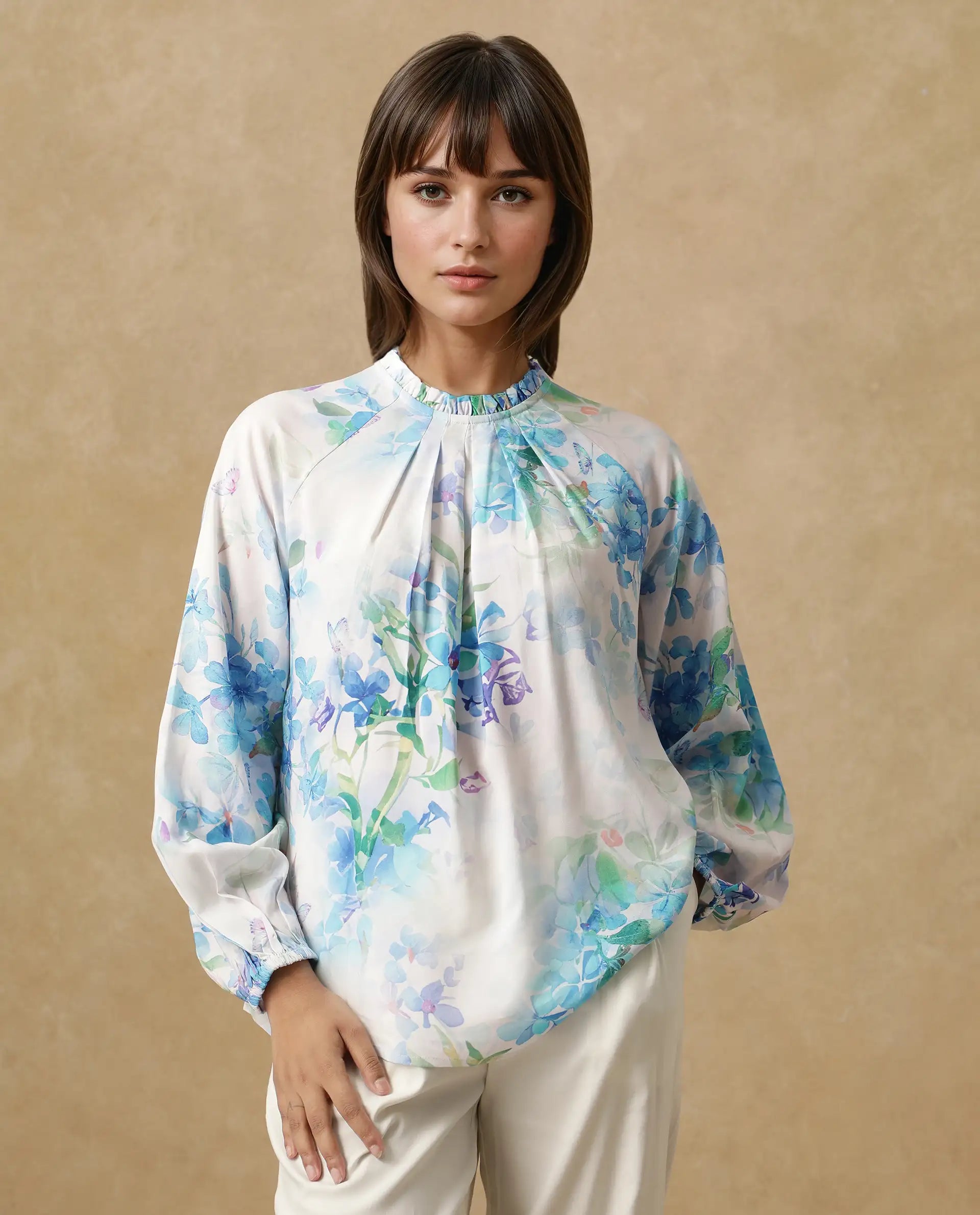 Rareism Women Rome Light Blue Raglan Sleeves Round Neck Tie Up Closure Floral Print Top