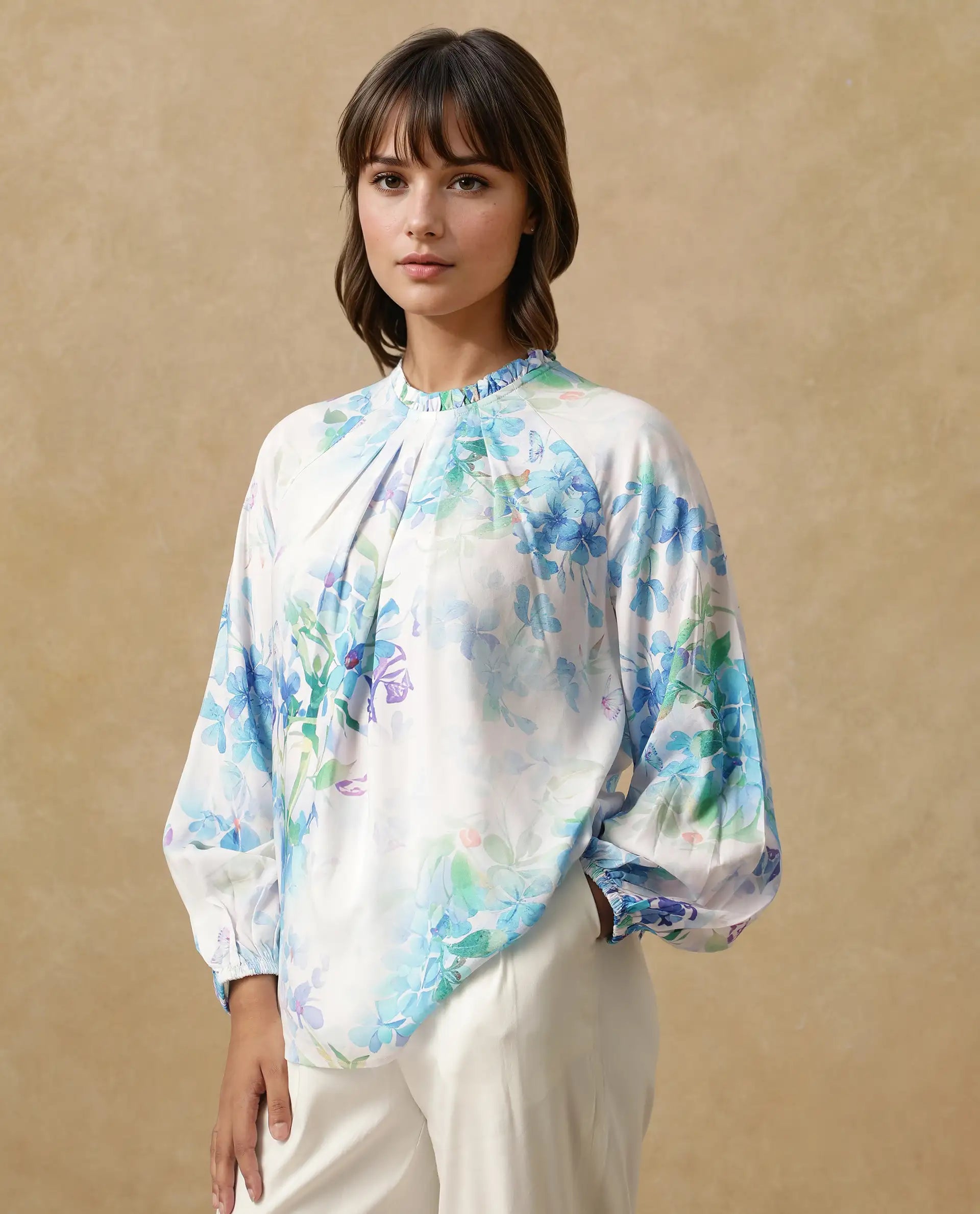 Rareism Women Rome Light Blue Raglan Sleeves Round Neck Tie Up Closure Floral Print Top