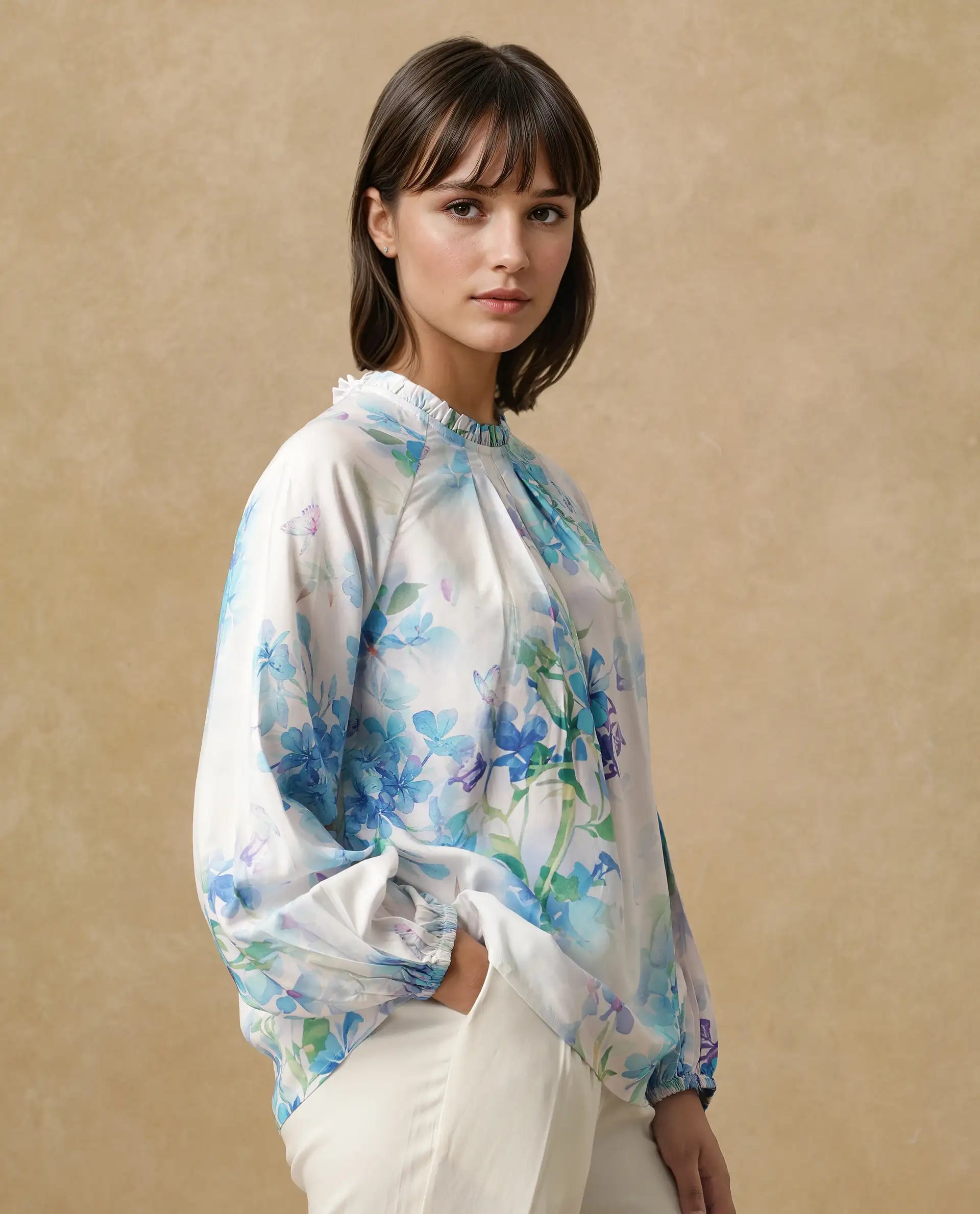 Rareism Women Rome Light Blue Raglan Sleeves Round Neck Tie Up Closure Floral Print Top
