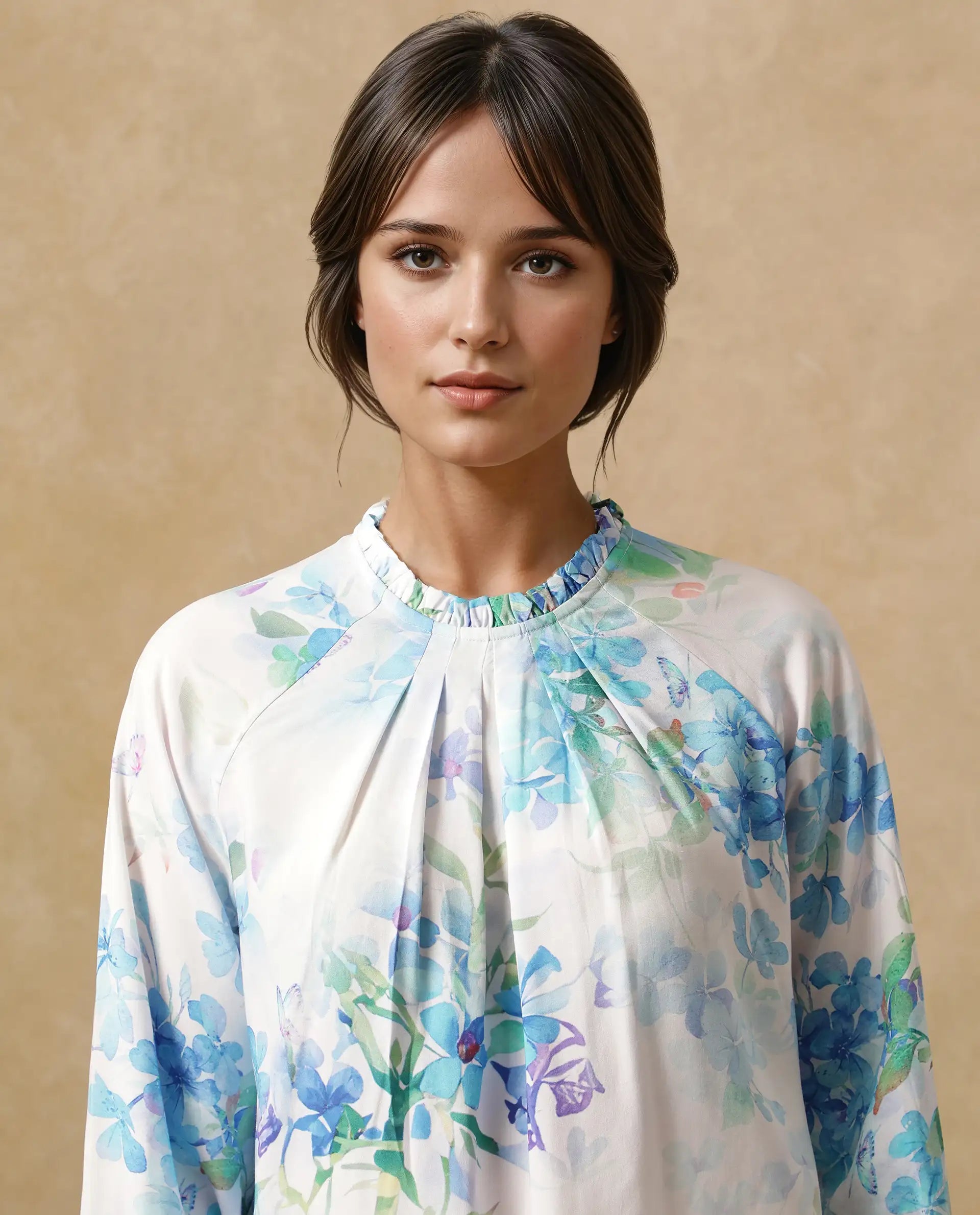 Rareism Women Rome Light Blue Raglan Sleeves Round Neck Tie Up Closure Floral Print Top