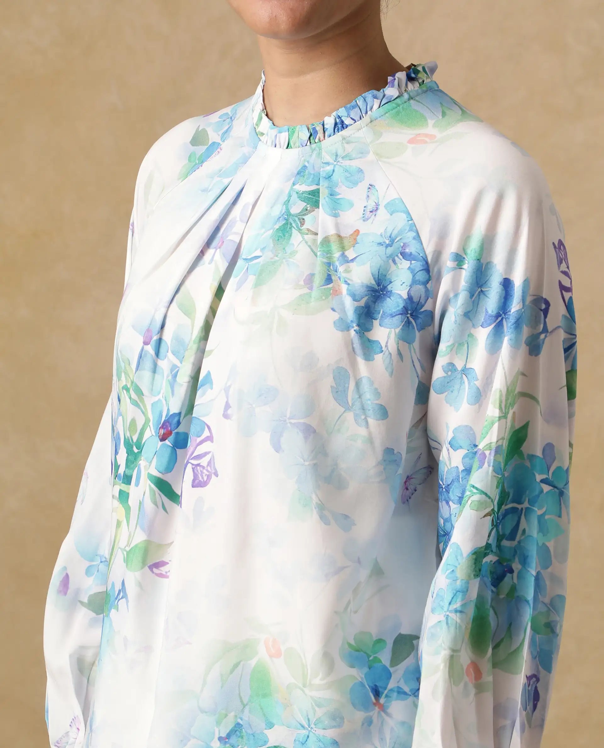 Rareism Women Rome Light Blue Raglan Sleeves Round Neck Tie Up Closure Floral Print Top