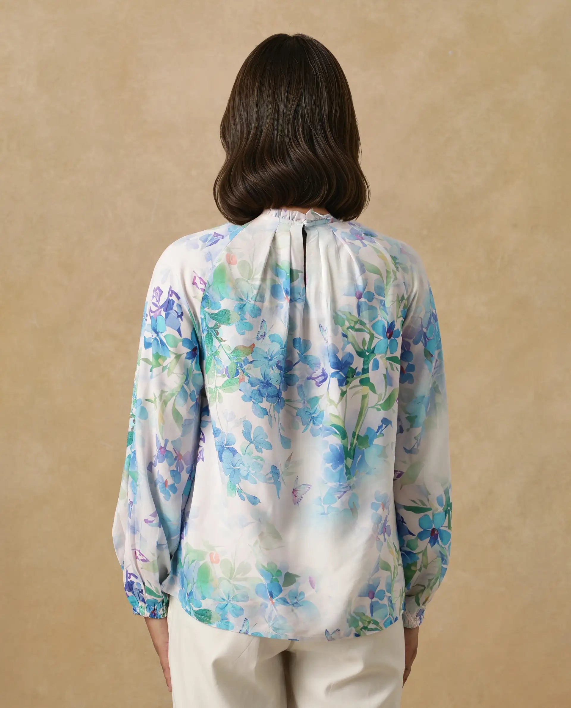 Rareism Women Rome Light Blue Raglan Sleeves Round Neck Tie Up Closure Floral Print Top