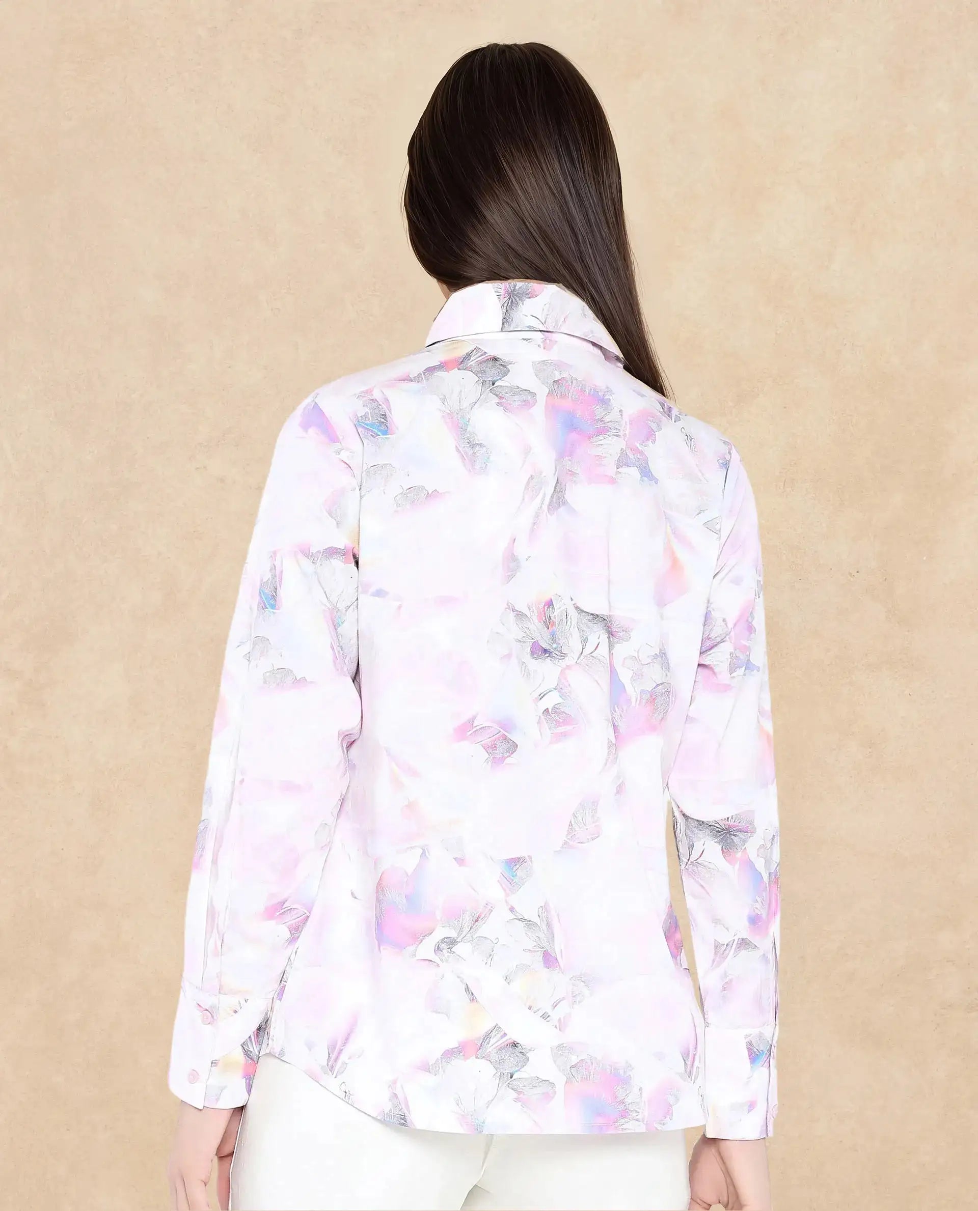 Rareism Women Ronton Multi Cuffed Sleeves Ribbed Collar Button Closure Abstract Print Top