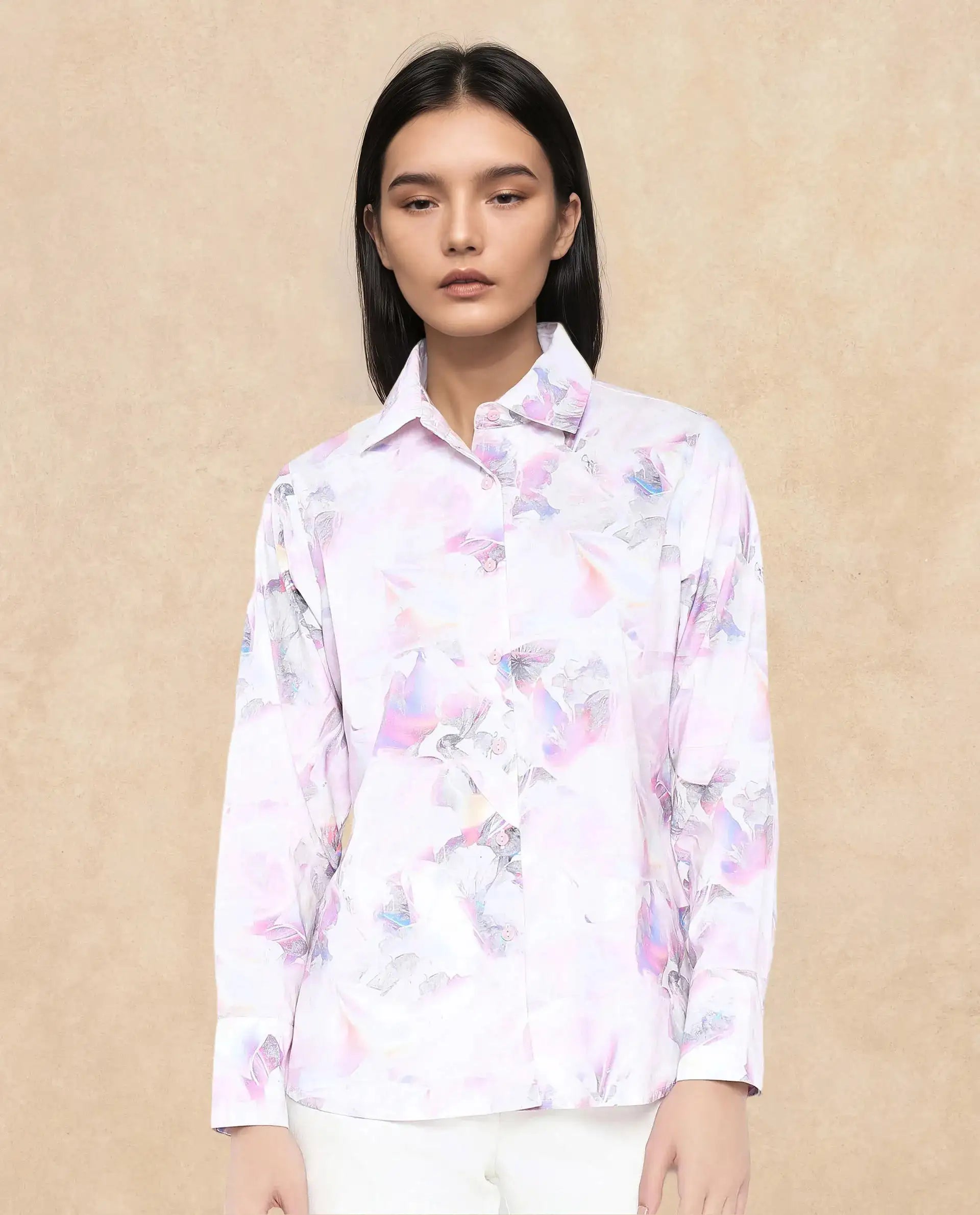 Rareism Women Ronton Multi Cuffed Sleeves Ribbed Collar Button Closure Abstract Print Top