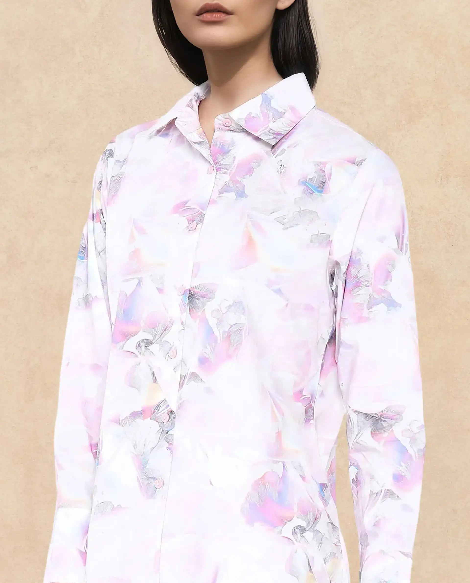 Rareism Women Ronton Multi Cuffed Sleeves Ribbed Collar Button Closure Abstract Print Top