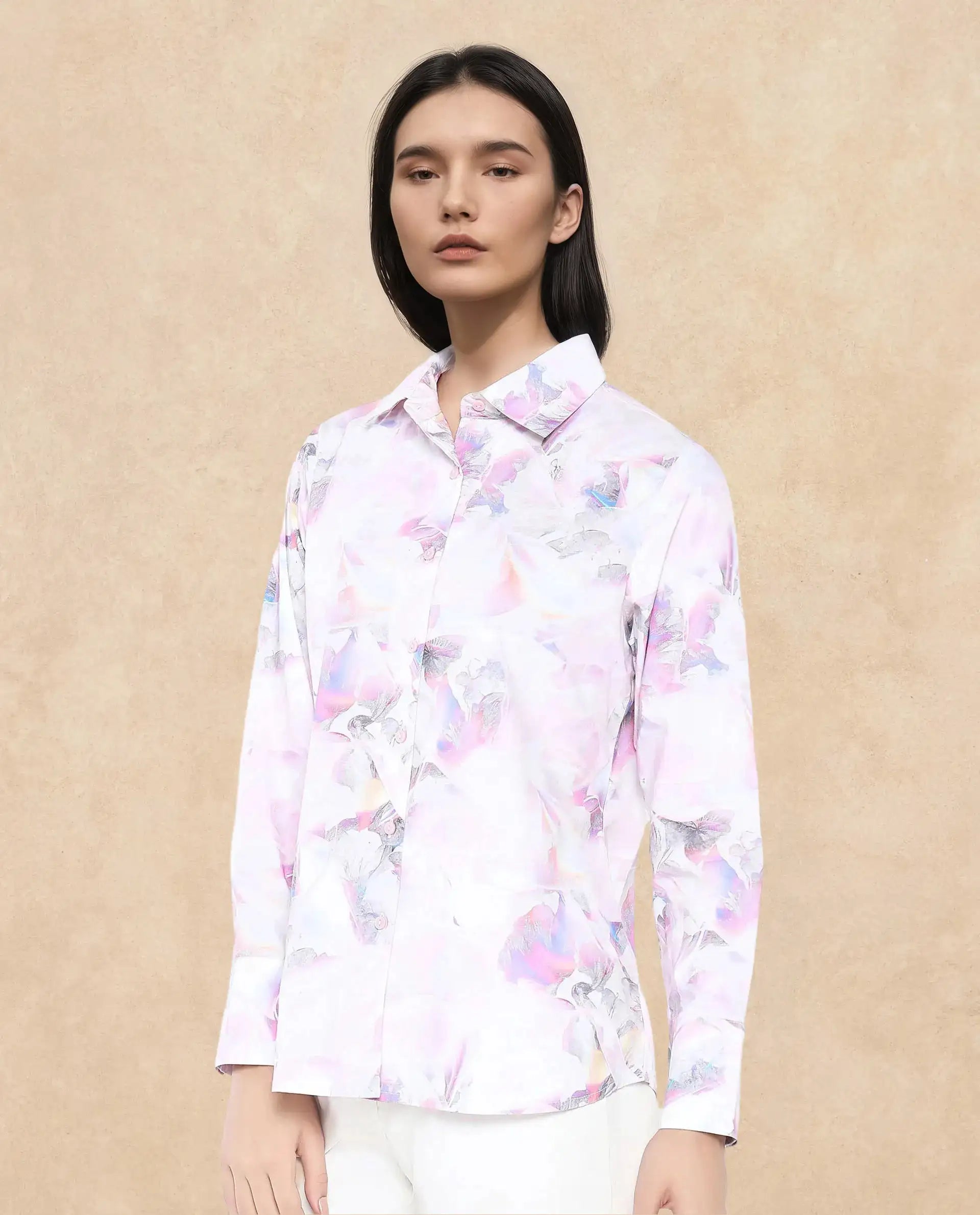 Rareism Women Ronton Multi Cuffed Sleeves Ribbed Collar Button Closure Abstract Print Top