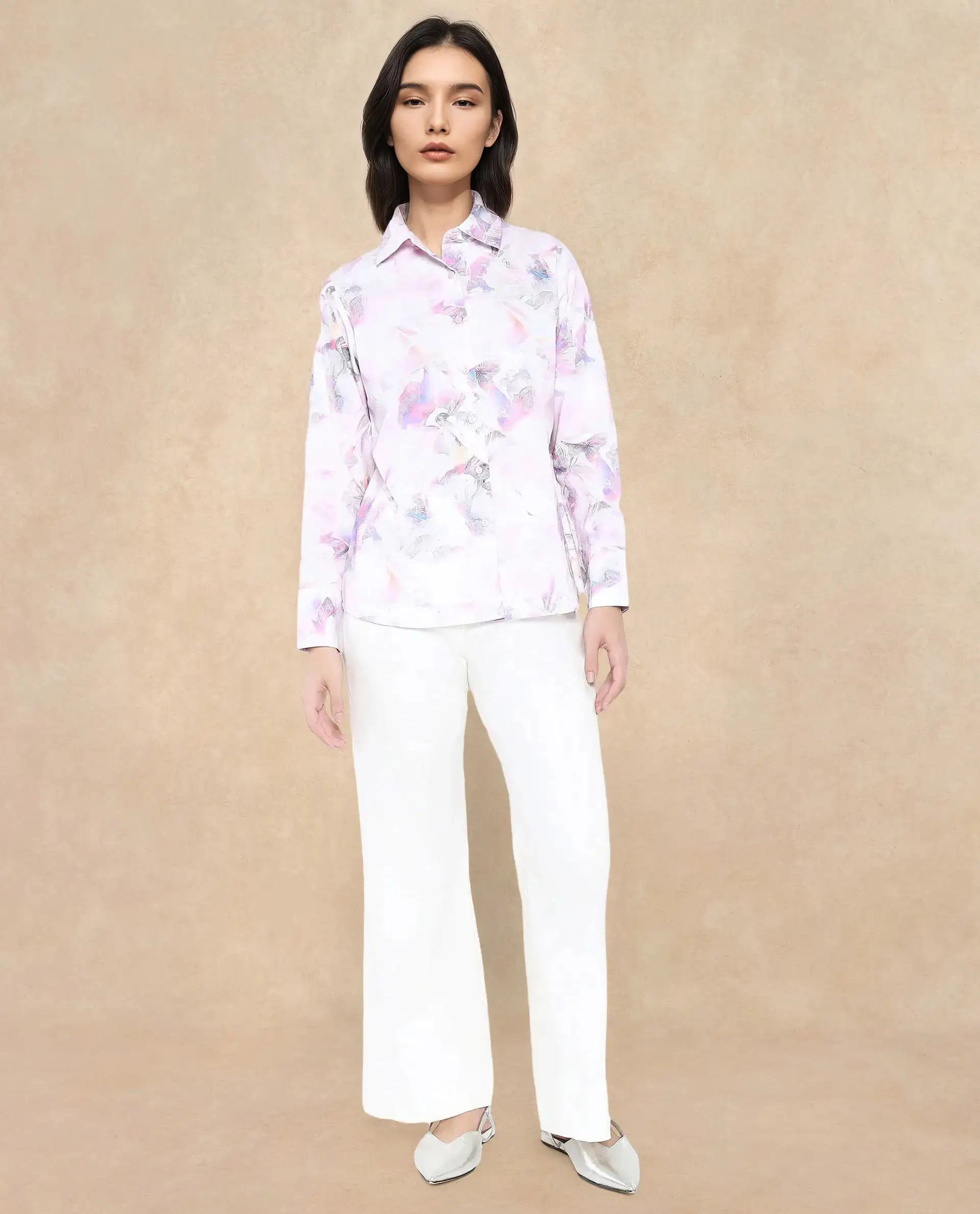 Rareism Women Ronton Multi Cuffed Sleeves Ribbed Collar Button Closure Abstract Print Top