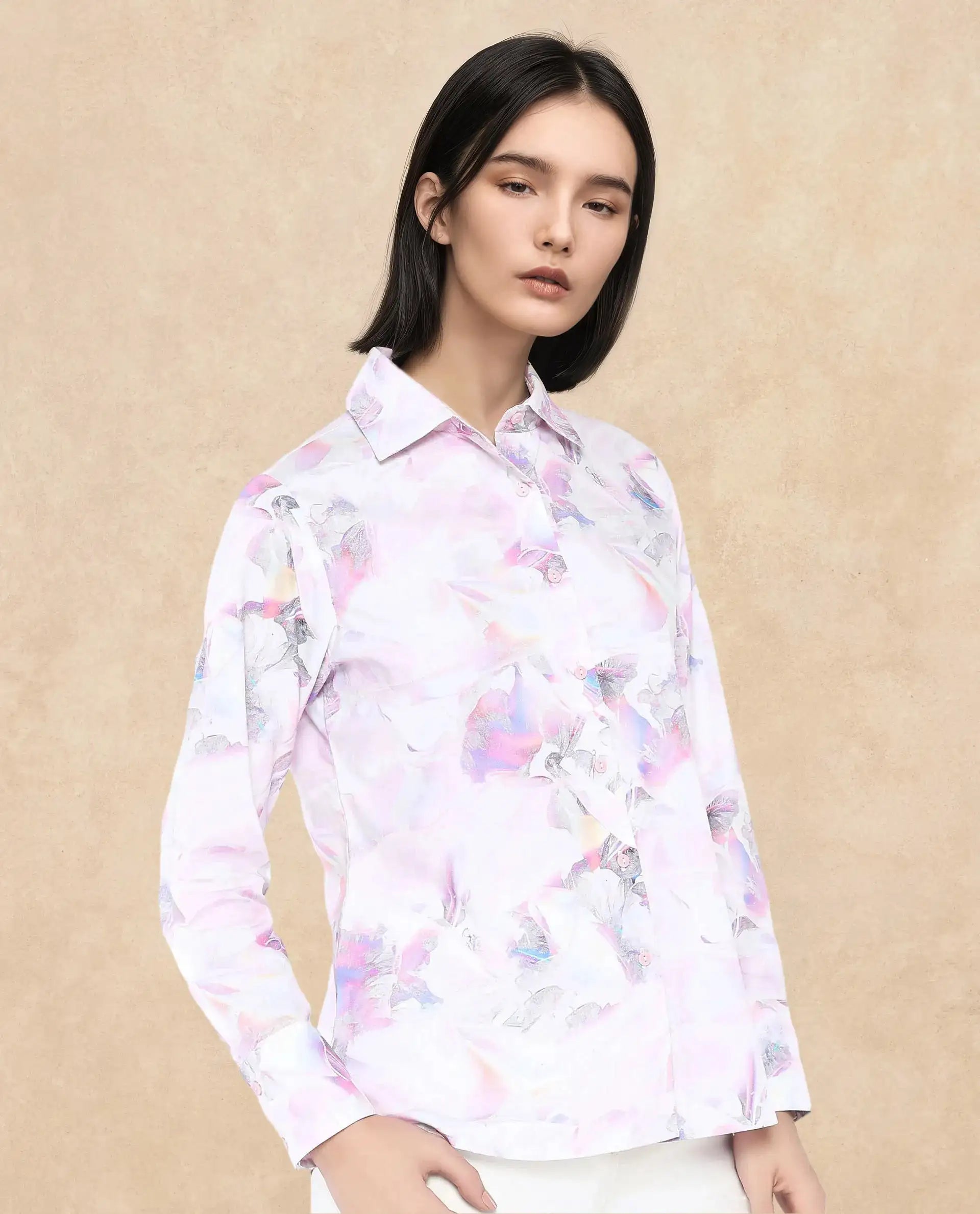 Rareism Women Ronton Multi Cuffed Sleeves Ribbed Collar Button Closure Abstract Print Top