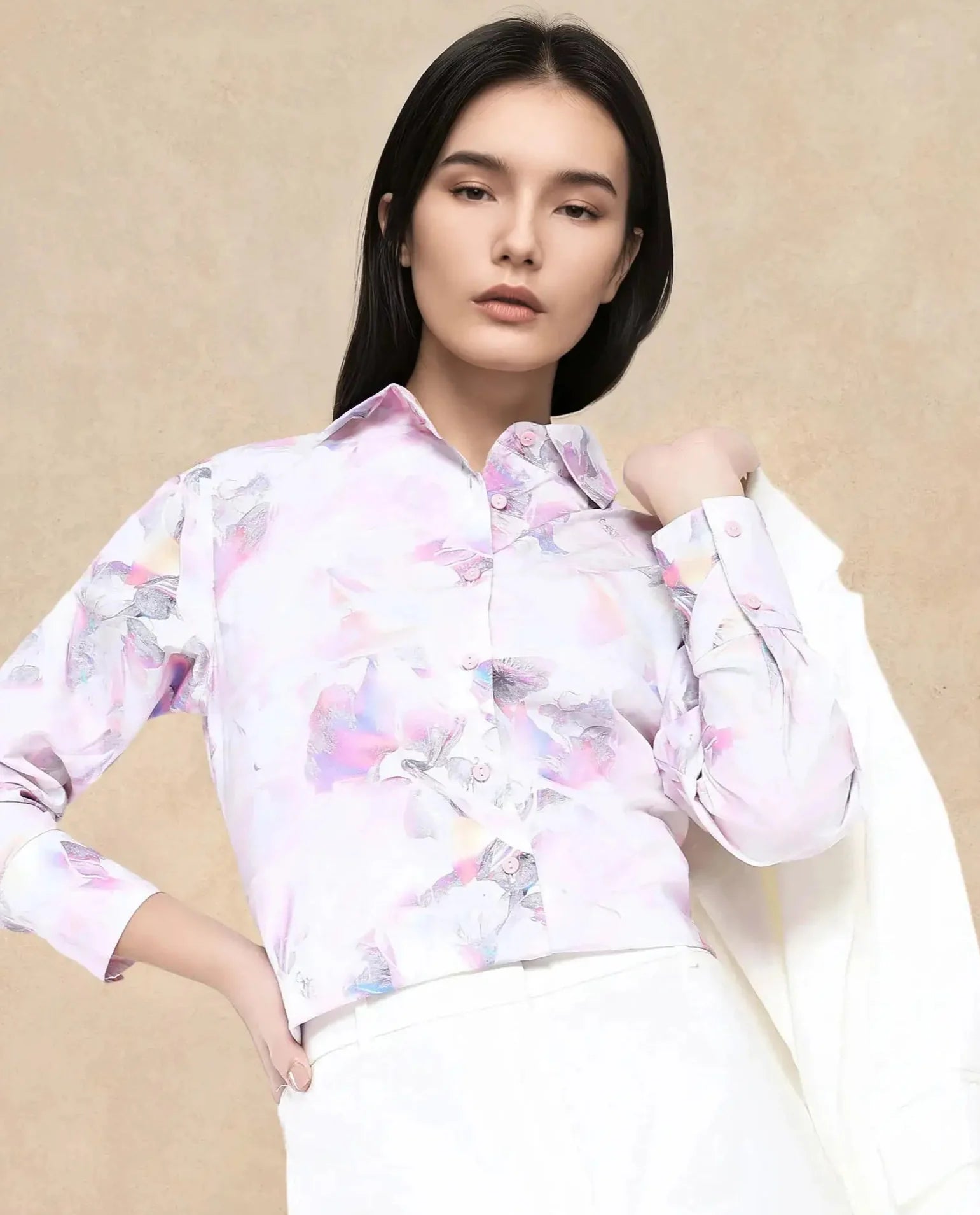 Rareism Women Ronton Multi Cuffed Sleeves Ribbed Collar Button Closure Abstract Print Top