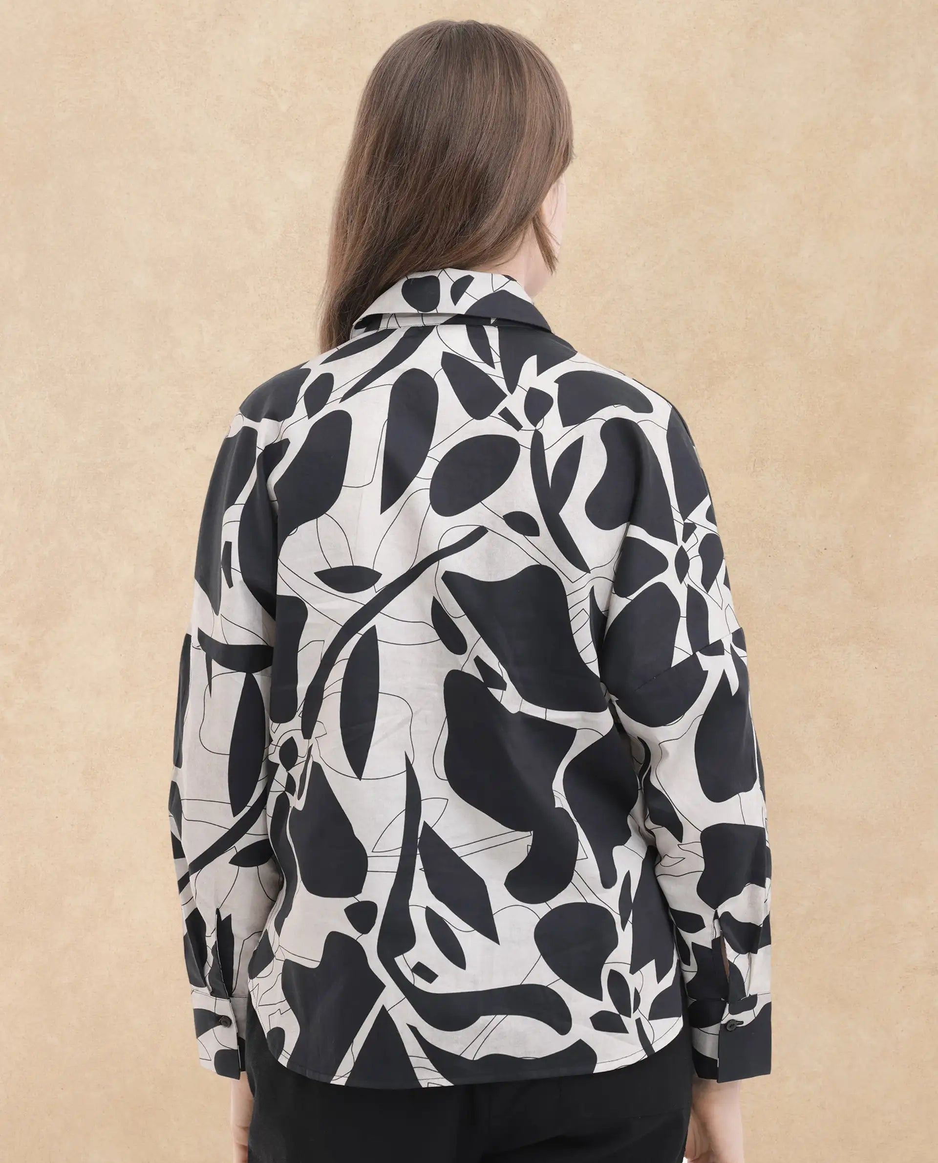 Rareism Women Roshi Black Cotton Fabric Regular Sleeves Collared Neck  Boxy Fit Printed Top