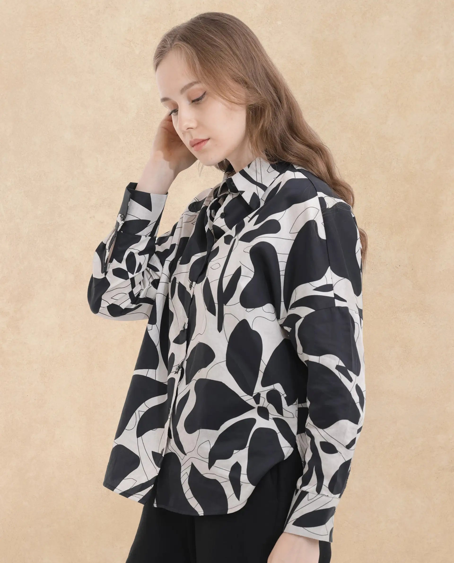 Rareism Women Roshi Black Cotton Fabric Regular Sleeves Collared Neck  Boxy Fit Printed Top