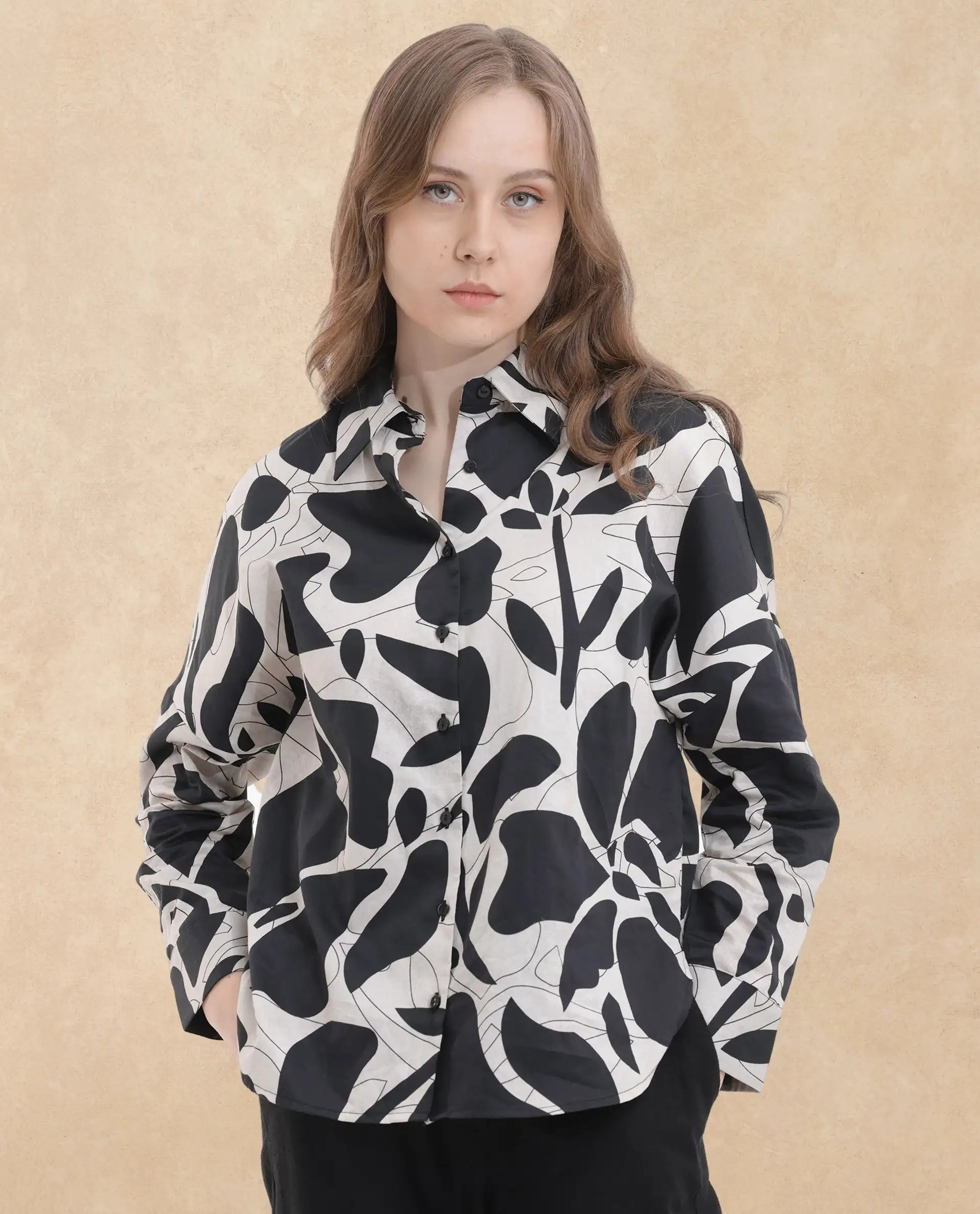 Rareism Women Roshi Black Cotton Fabric Regular Sleeves Collared Neck  Boxy Fit Printed Top