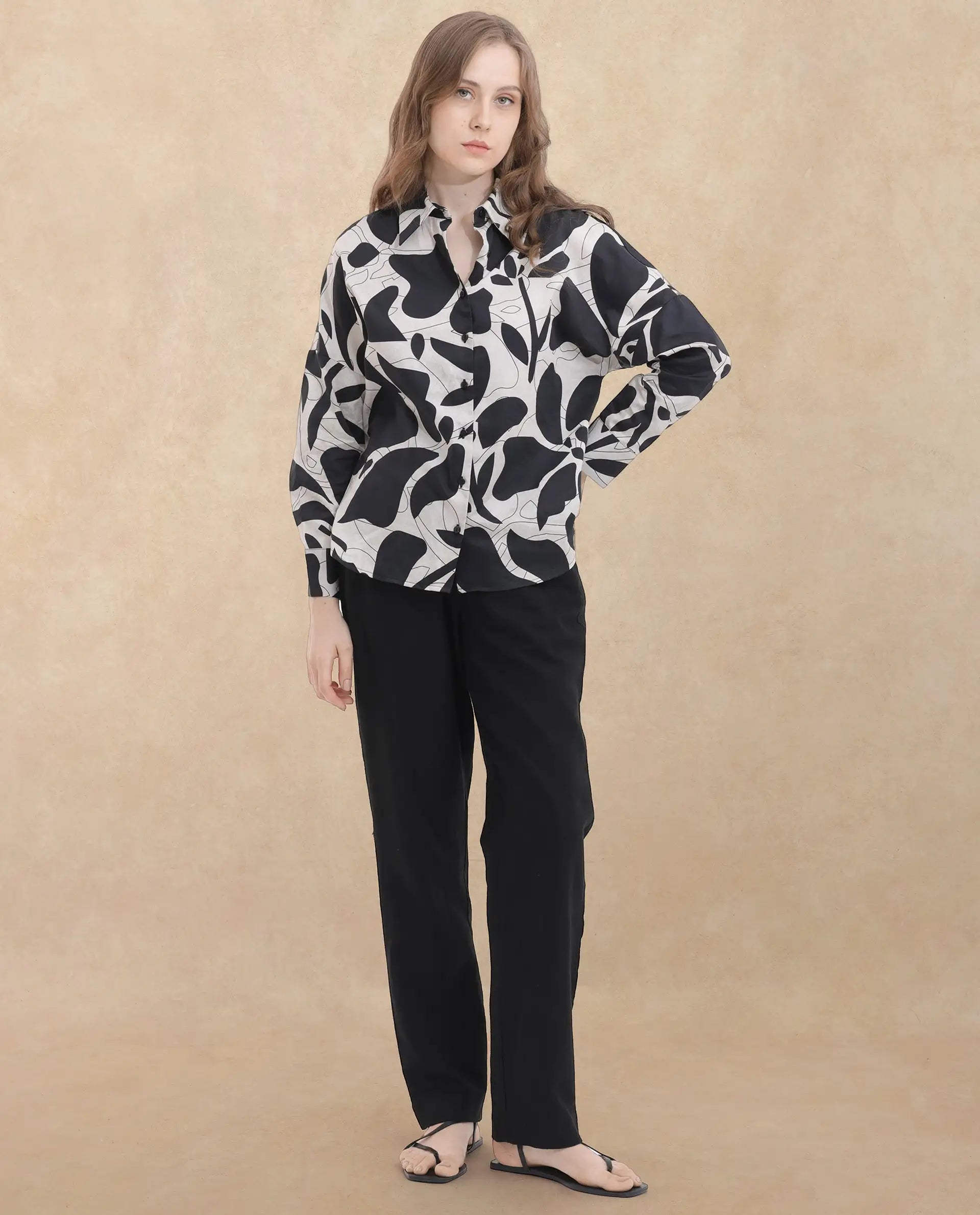 Rareism Women Roshi Black Cotton Fabric Regular Sleeves Collared Neck  Boxy Fit Printed Top