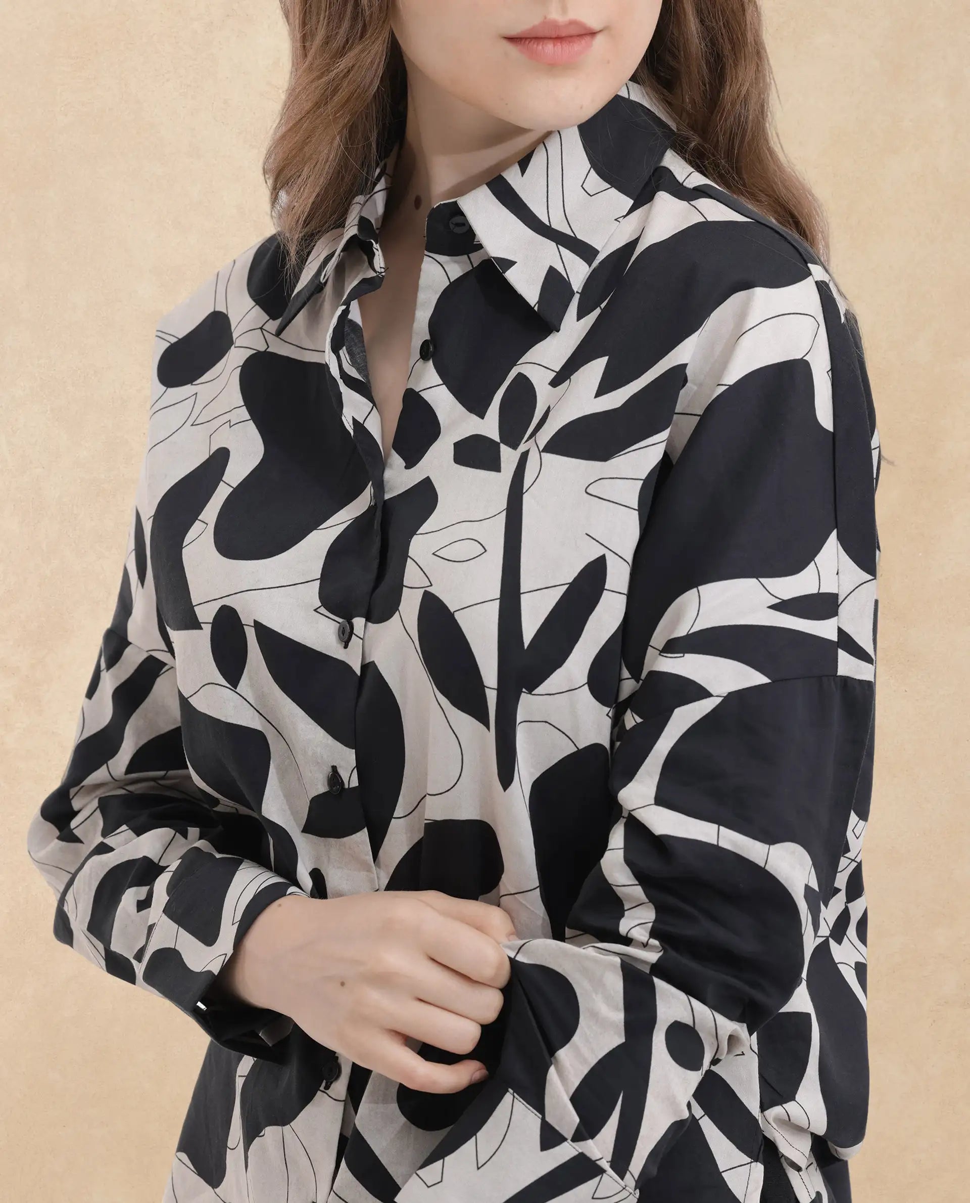 Rareism Women Roshi Black Cotton Fabric Regular Sleeves Collared Neck  Boxy Fit Printed Top
