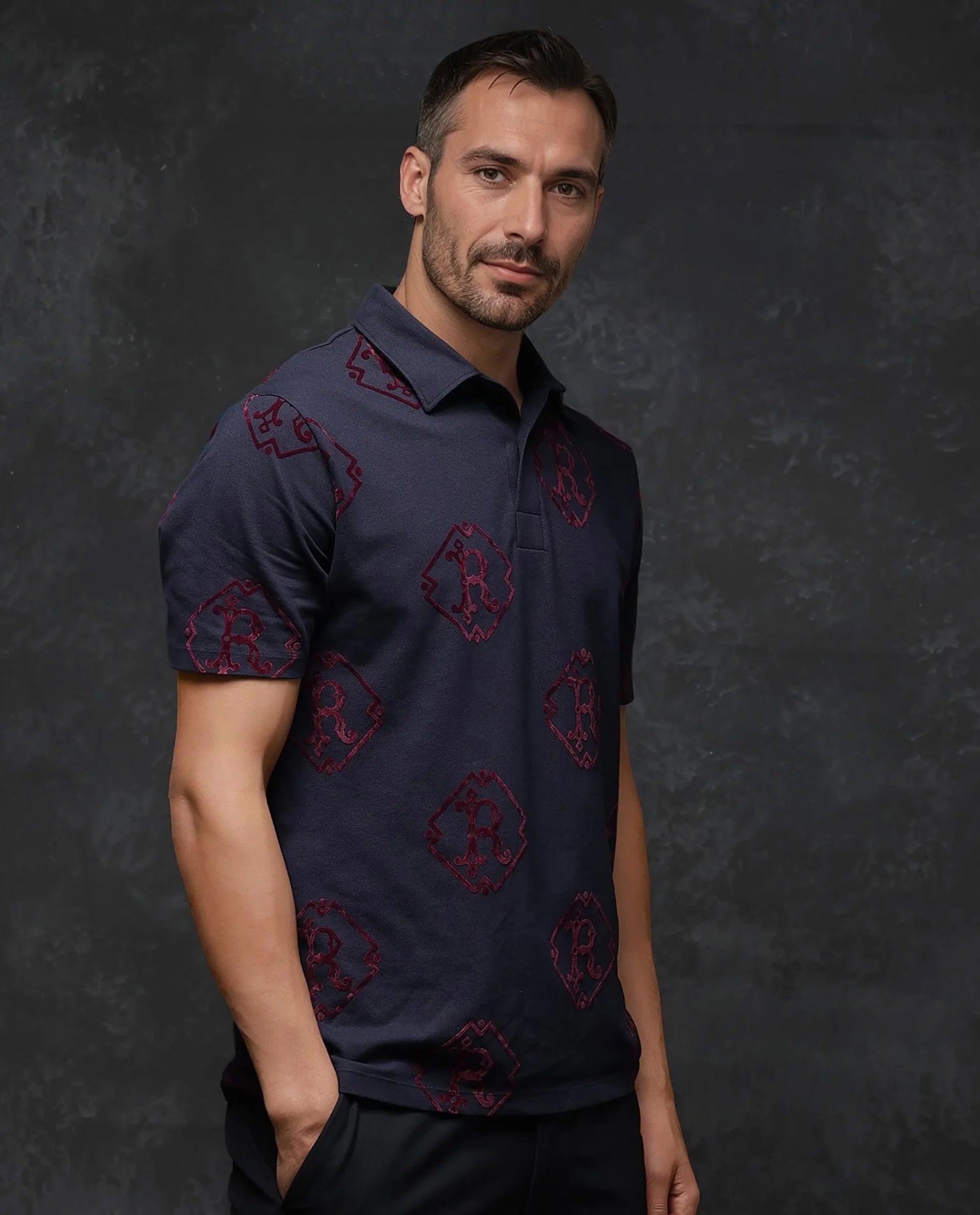 Rare Rabbit Men Roson Navy Short Sleeve Collared Neck Button Closure Plain Polo