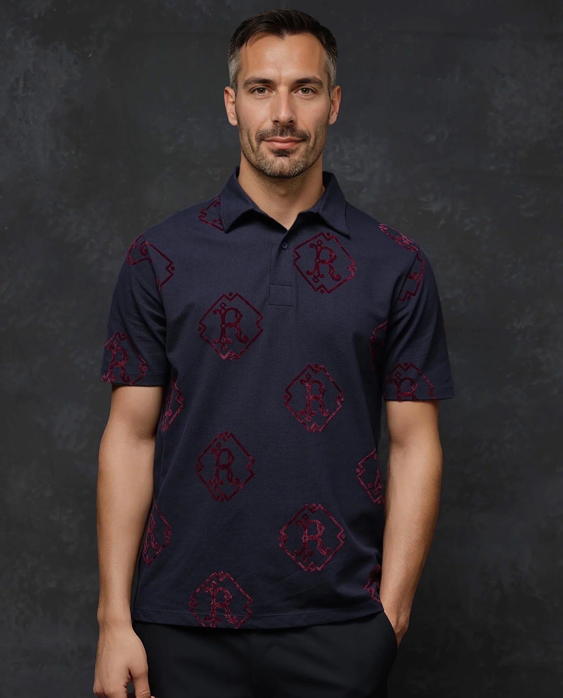 Rare Rabbit Men Roson Navy Short Sleeve Collared Neck Button Closure Plain Polo