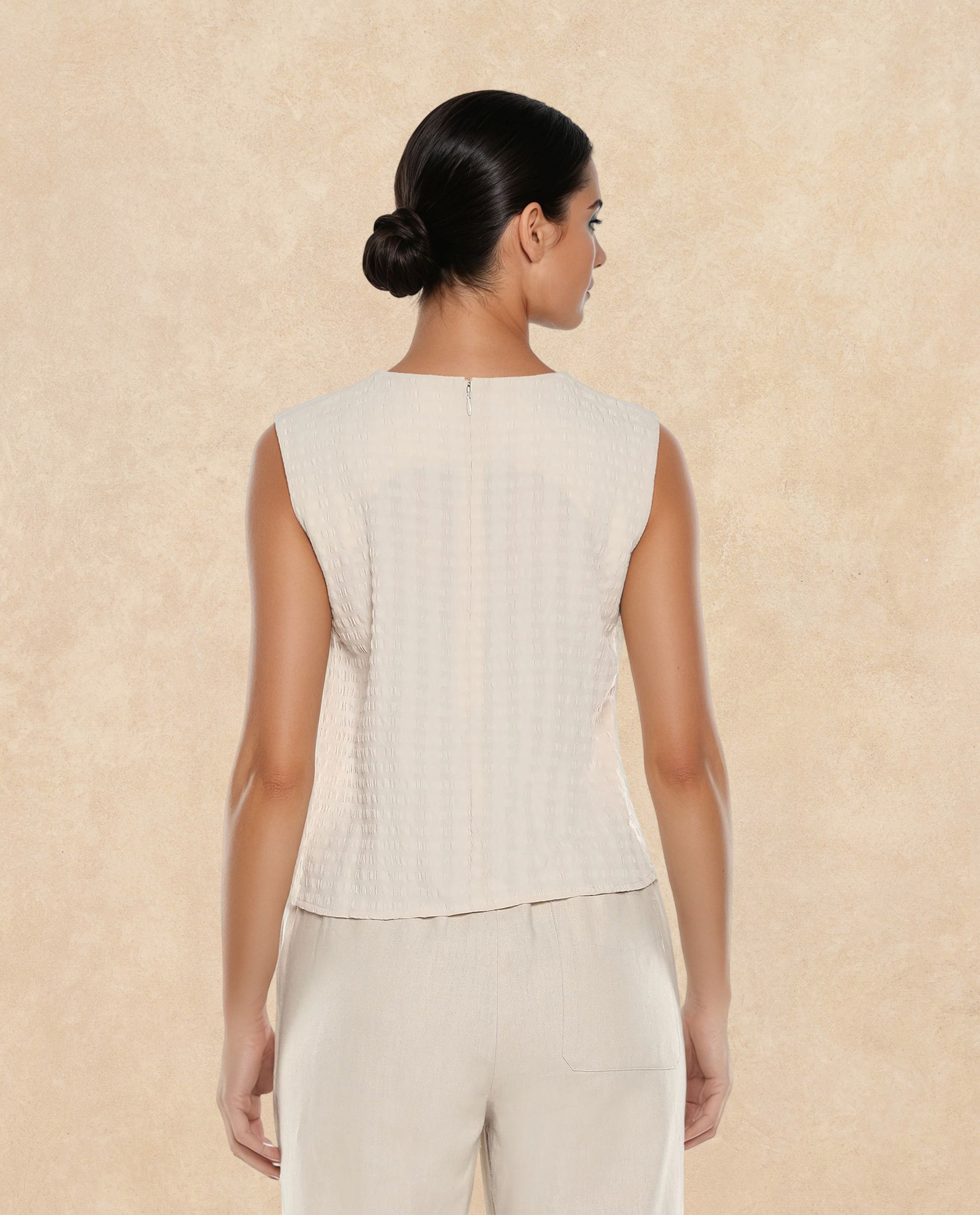 Rareism Women Roulo Beige Polyester Lycra Fabric Sleeveless Round Neck Zipper Closure Plain Top
